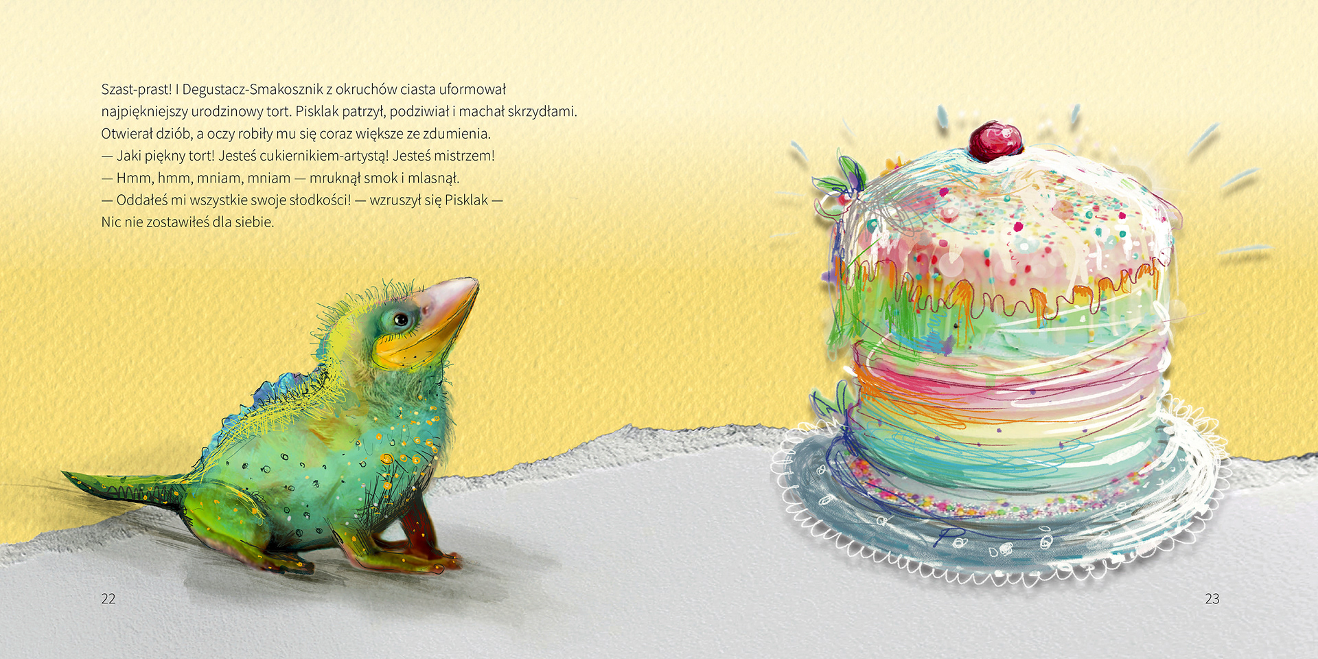 A green dragon stares at a huge colourful cake – double-page spread from “The Seven Dragons” (Siedem Smoków Głównych) by Violetta Nowakowska, illustrated by Michalina Koch