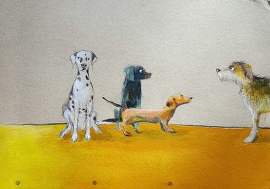 A row of different dogs on yellow ground – illustration by Michalina Koch