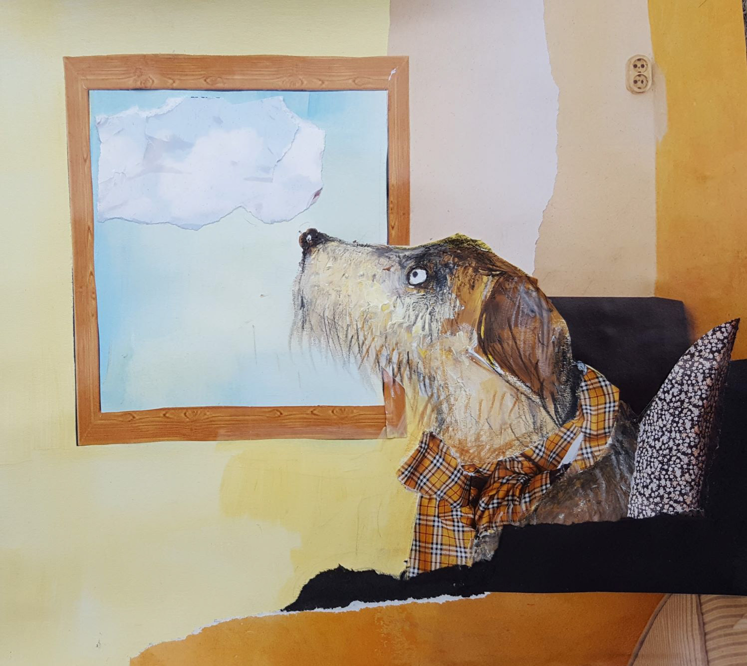 A shaggy dog in a checked scarf gazes at a window full of clouds – collage – illustration by Michalina Koch
