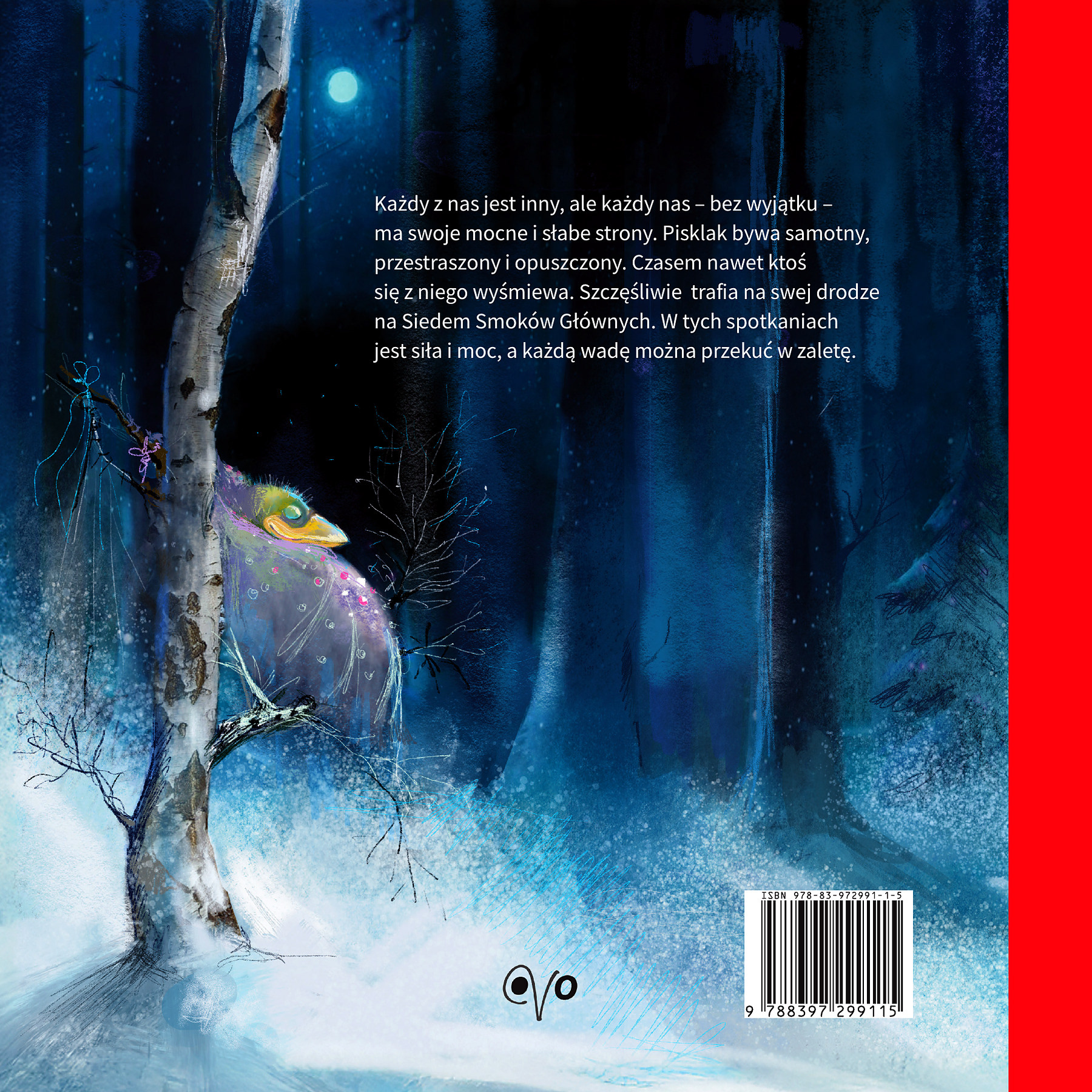 Back cover of “Siedem Smoków Głównych”: a moonlit winter forest with birch trees and a hidden dragon