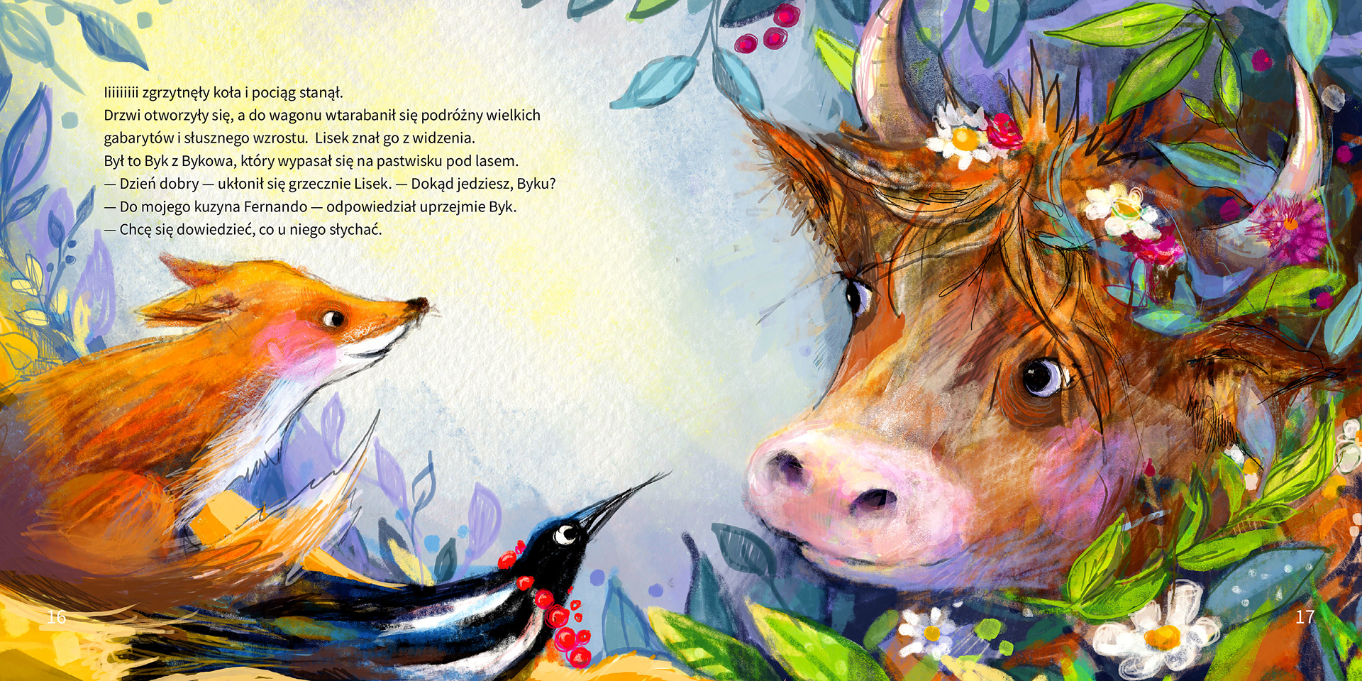 A fox, a bird and a cow among flowers – double-page spread from “The Reading Train” (Pociąg do czytania) by Violetta Nowakowska, illustrated by Michalina Koch