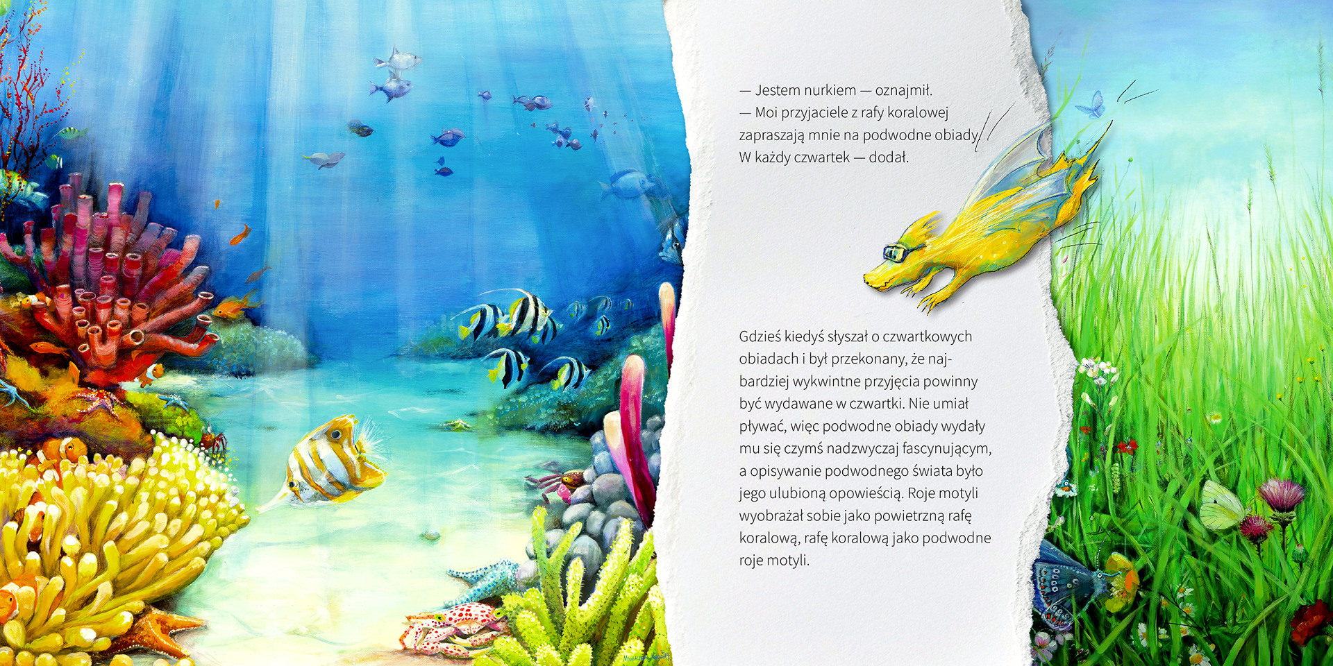 An underwater coral reef with colourful fish next to a flowering meadow – double-page spread from “The Seven Dragons” (Siedem Smoków Głównych) by Violetta Nowakowska, illustrated by Michalina Koch