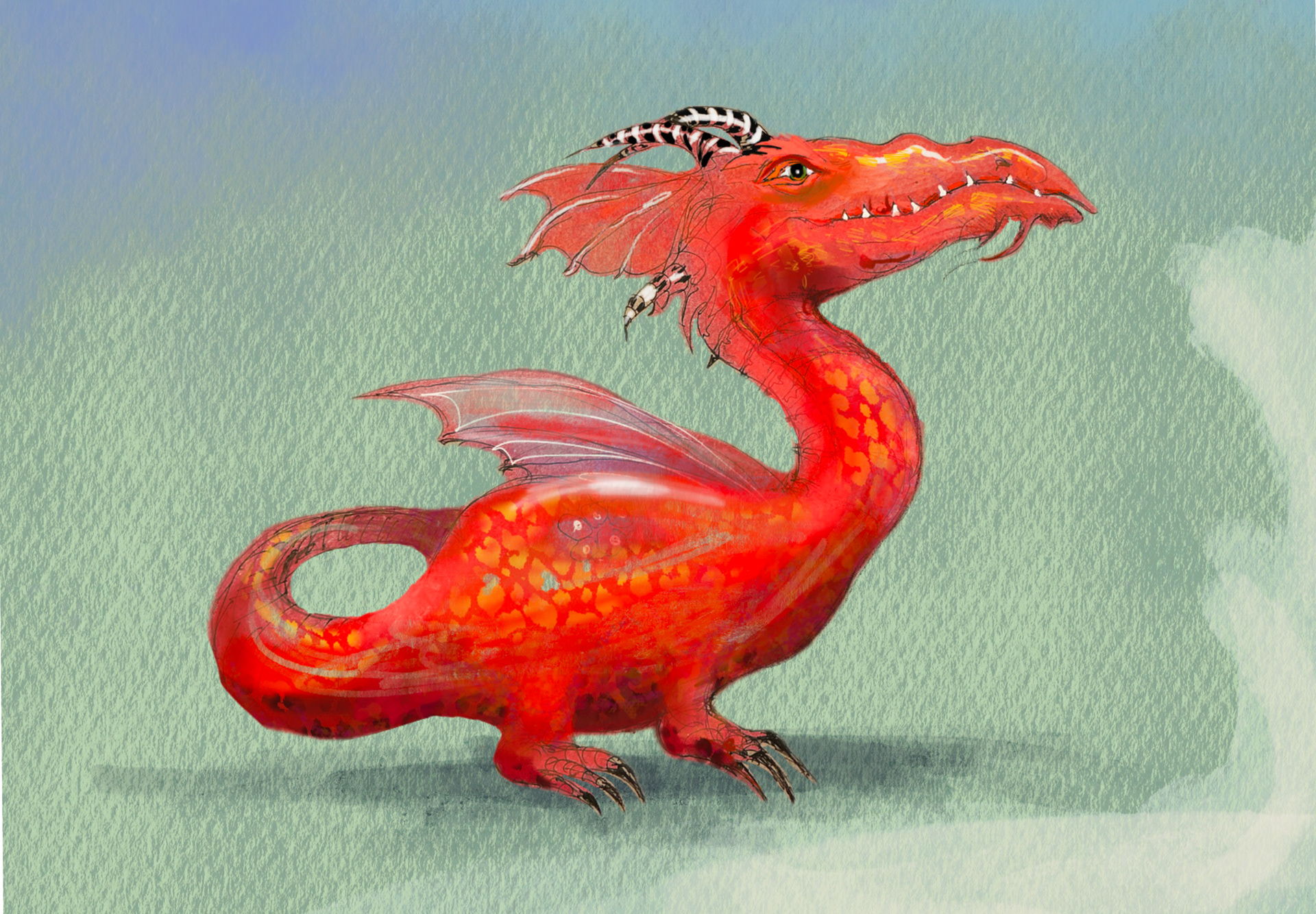 Close-up of a proud red dragon – illustration by Michalina Koch for “The Seven Dragons” (Siedem Smoków Głównych, OVO)