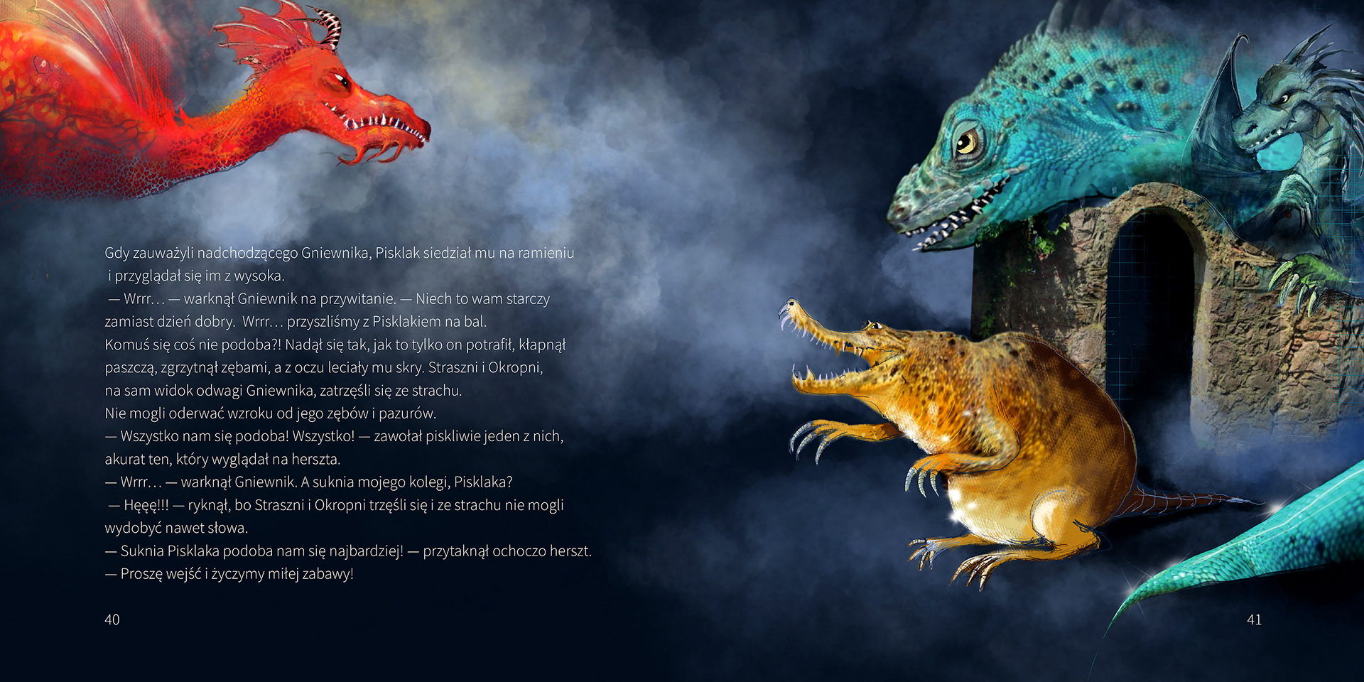 A red dragon flies over a blue dragon and a toad-like creature at a stone house – double-page spread from “The Seven Dragons” (Siedem Smoków Głównych) by Violetta Nowakowska, illustrated by Michalina Koch