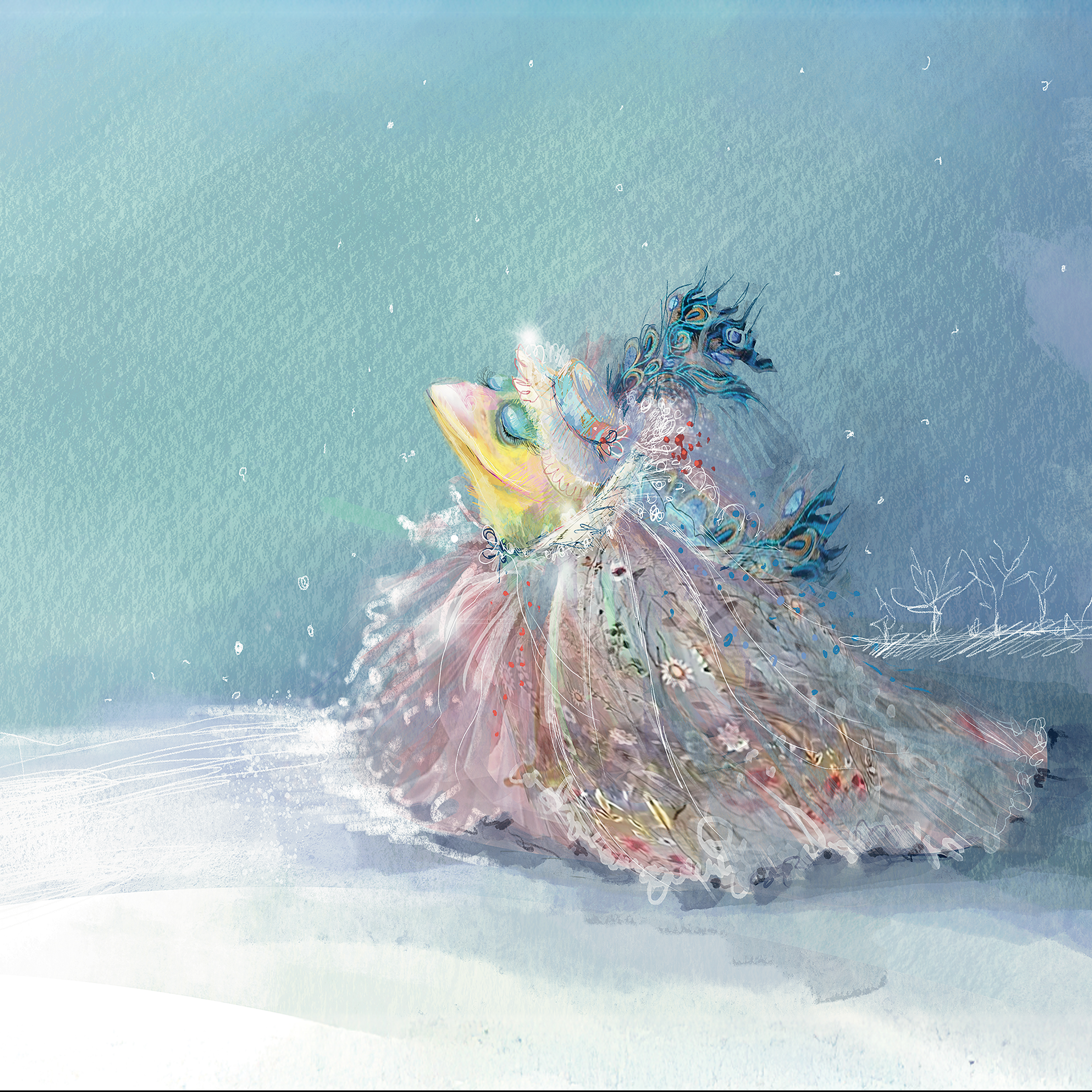 A dragon in a flowing pink gown on a snowy hill – fantasy character by Michalina Koch
