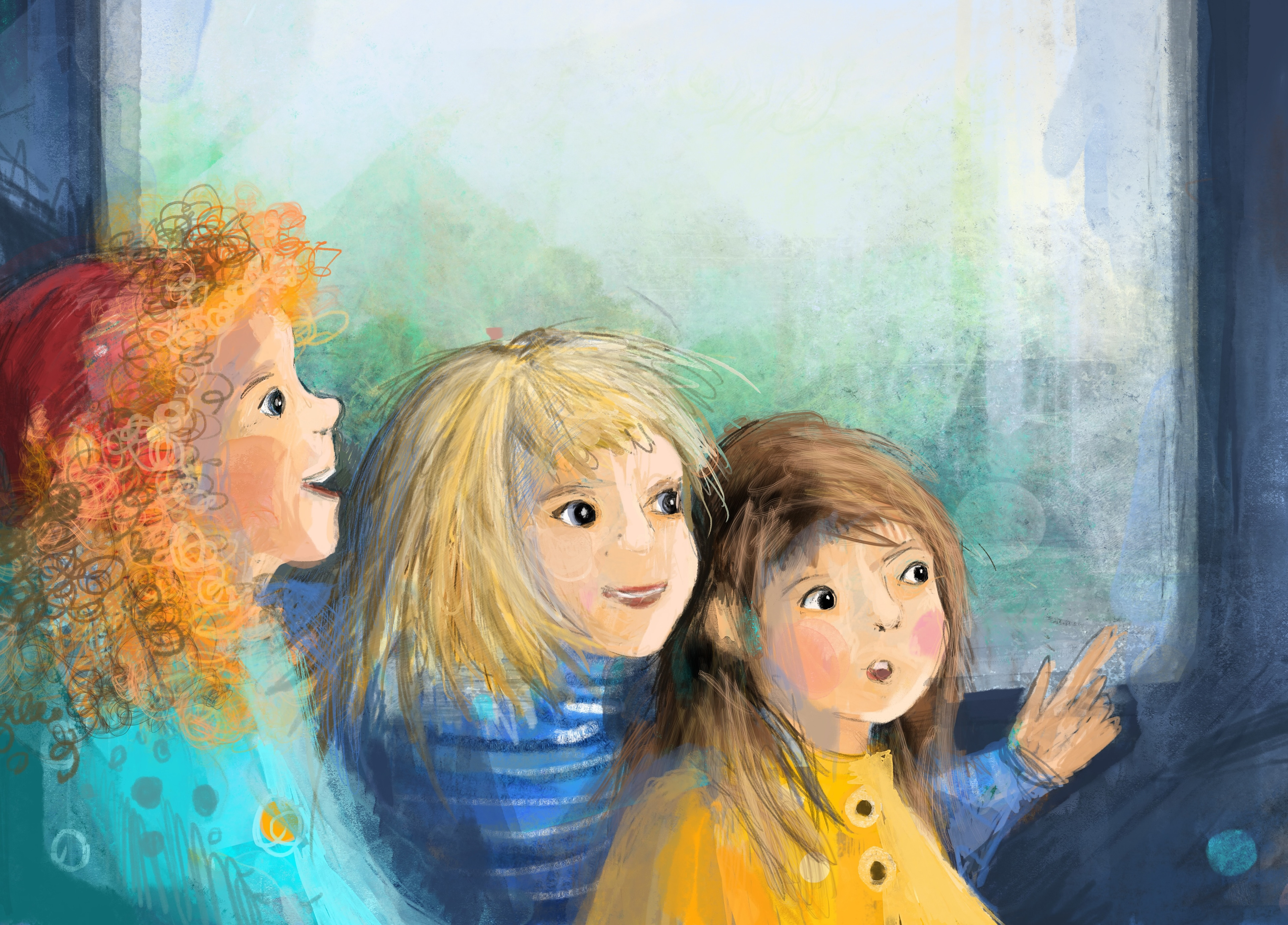 Three children with excited faces look out of a train window – children’s book illustration by Michalina Koch