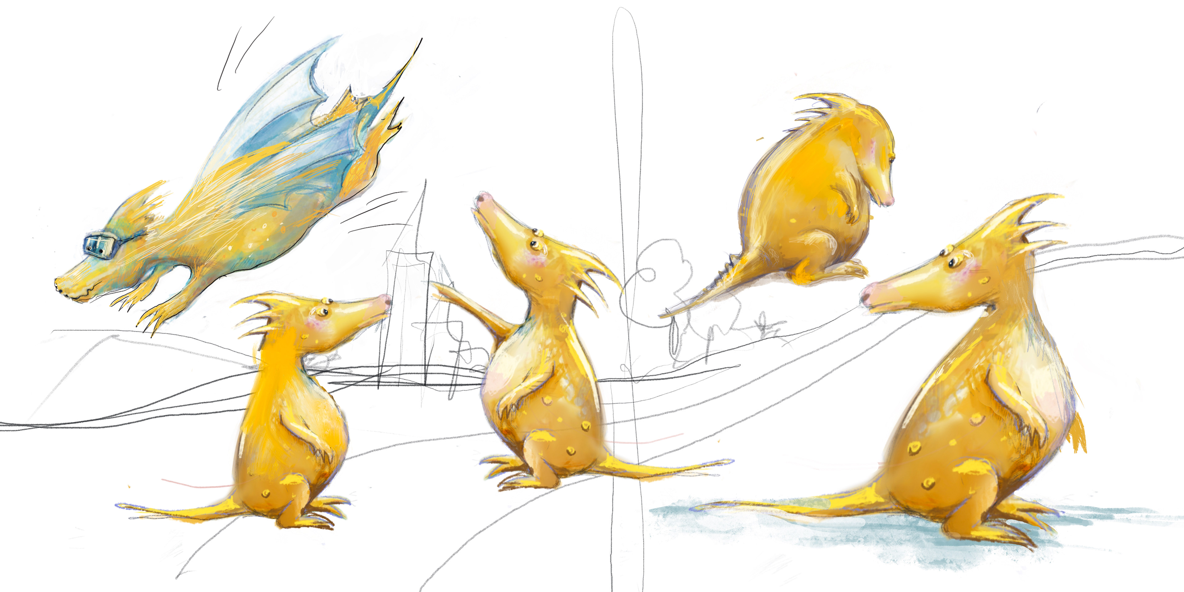 Pencil and watercolour sketches of the little yellow dragon chick – illustration by Michalina Koch for “The Seven Dragons” (Siedem Smoków Głównych, OVO)