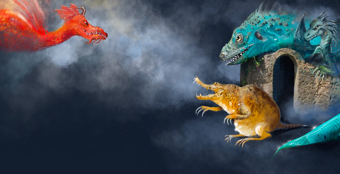 A red dragon flies through a stormy sky towards a blue dragon and a small creature by a stone house – illustration by Michalina Koch for “The Seven Dragons” (Siedem Smoków Głównych, OVO)