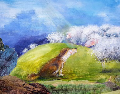 A path winds over green hills under a blue sky – watercolour – illustration by Michalina Koch