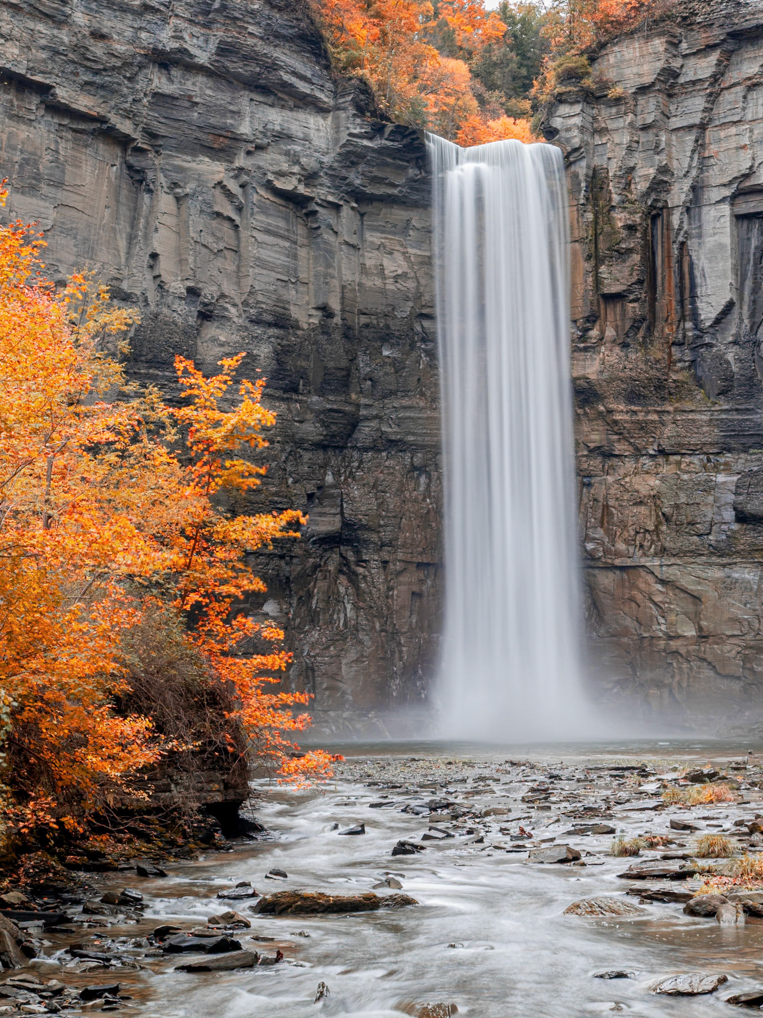 Large flow of water over the falls at Taughannock during autumn