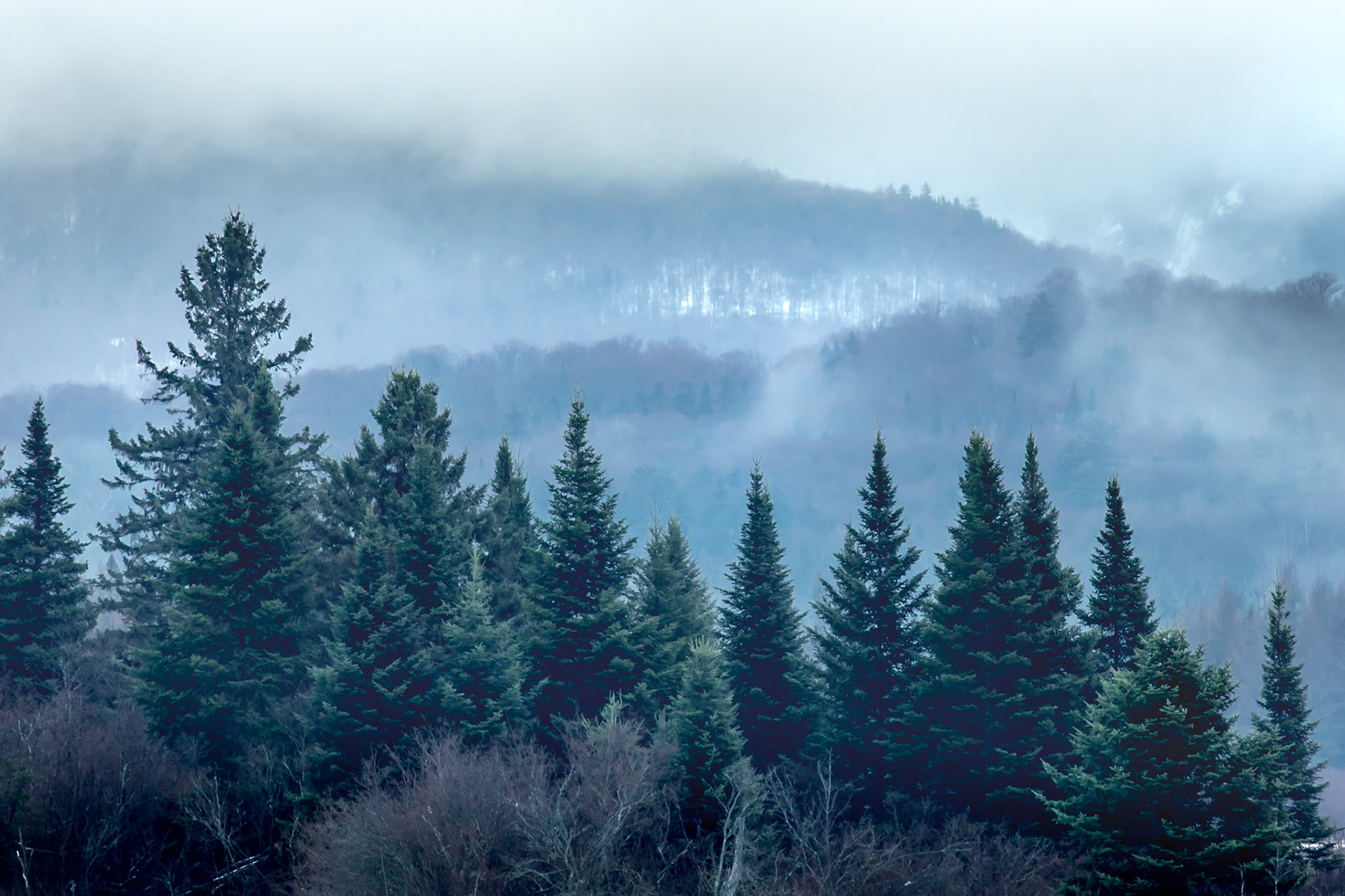 Foggy mist rising between mountain ridges