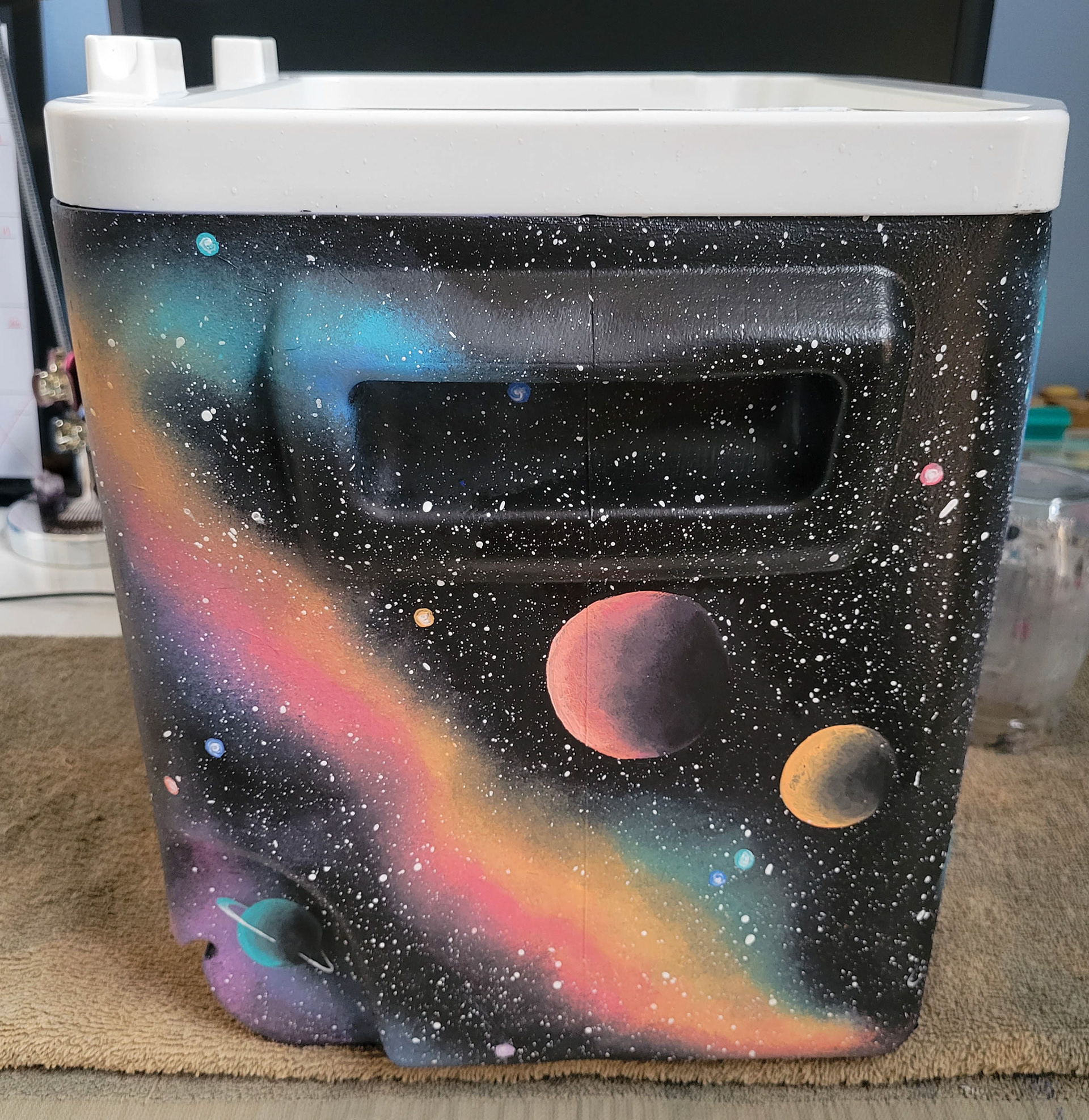 Space Themed Painted Cooler Side