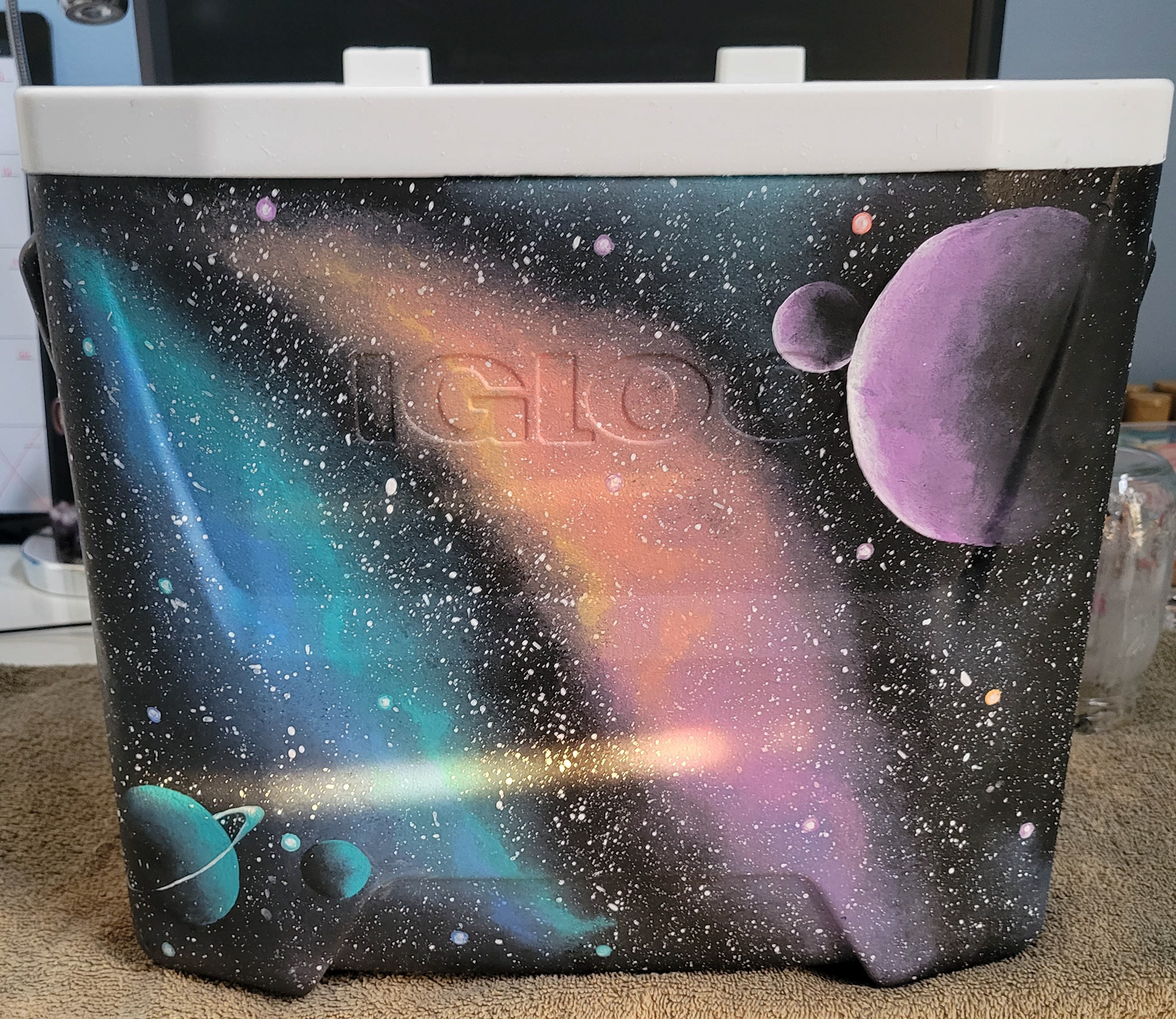 Space Themed Painted Cooler Front