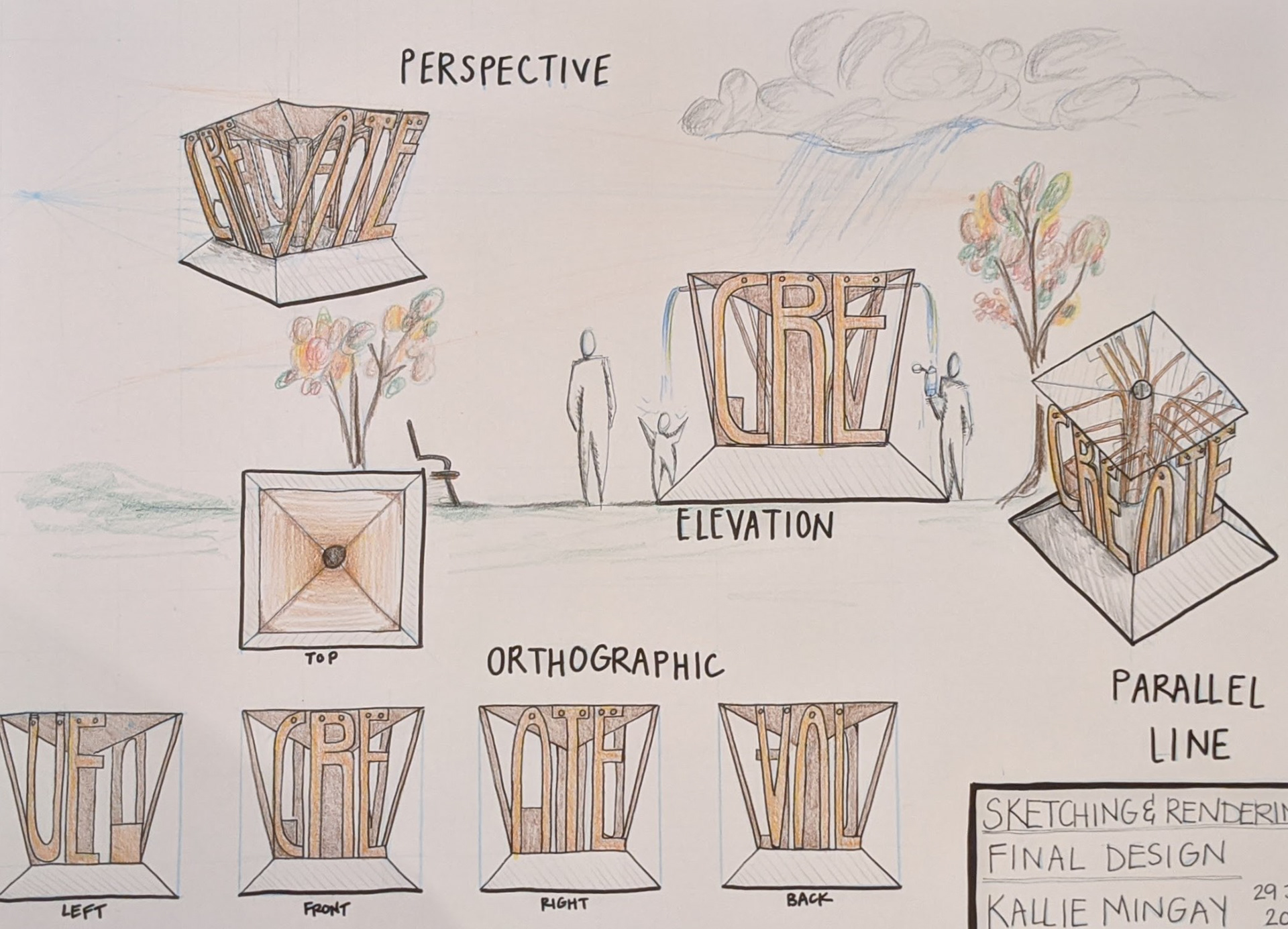 "Create Value": a public statue that utilizes word formations and has a functional, engaging element