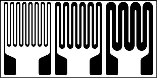 Designed gauge geometries with 1mm, 2mm, and 4mm printed thicknesses and end loops twice as thick as the printed width