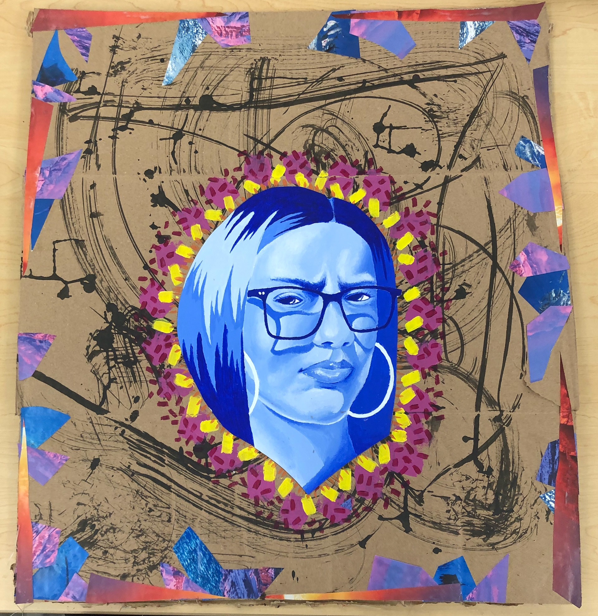 Self portrait (mixed media, size: 2.5'x2.5')