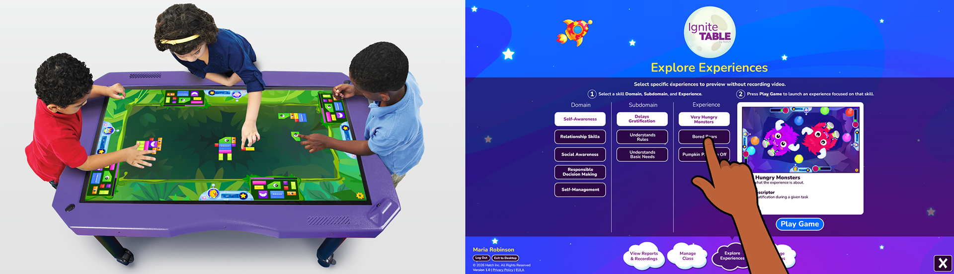On the left 3 children play simultaneously on a touch table; On the right a teacher interface is shown with a user hand touching a button.