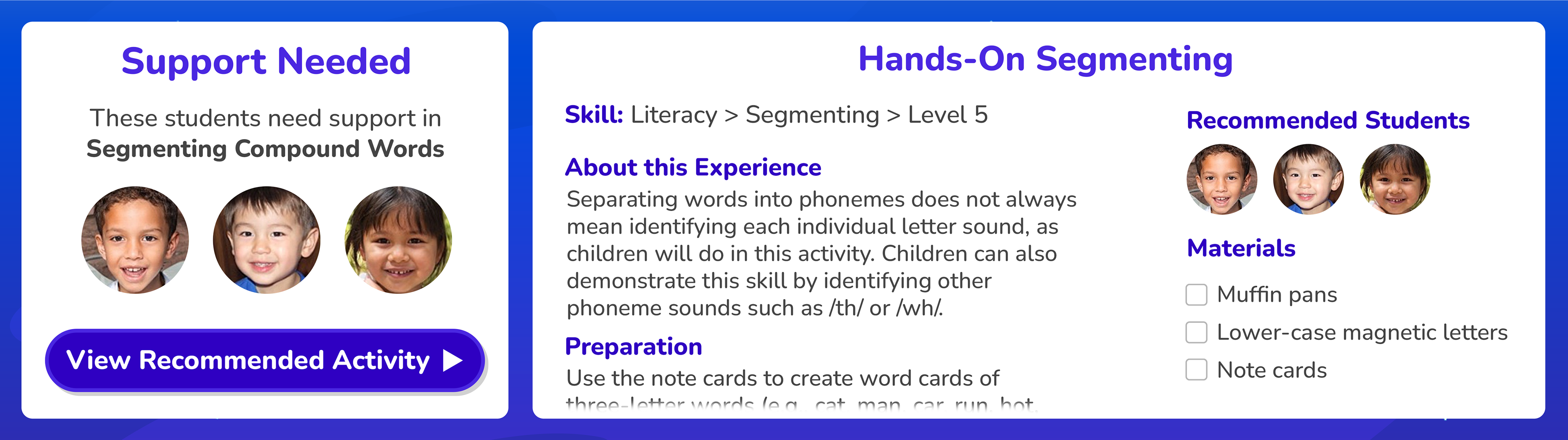 (Left) A panel shows children struggling with the same skill; (Right) A hands-on group activity is recommended for the teacher to help these children.