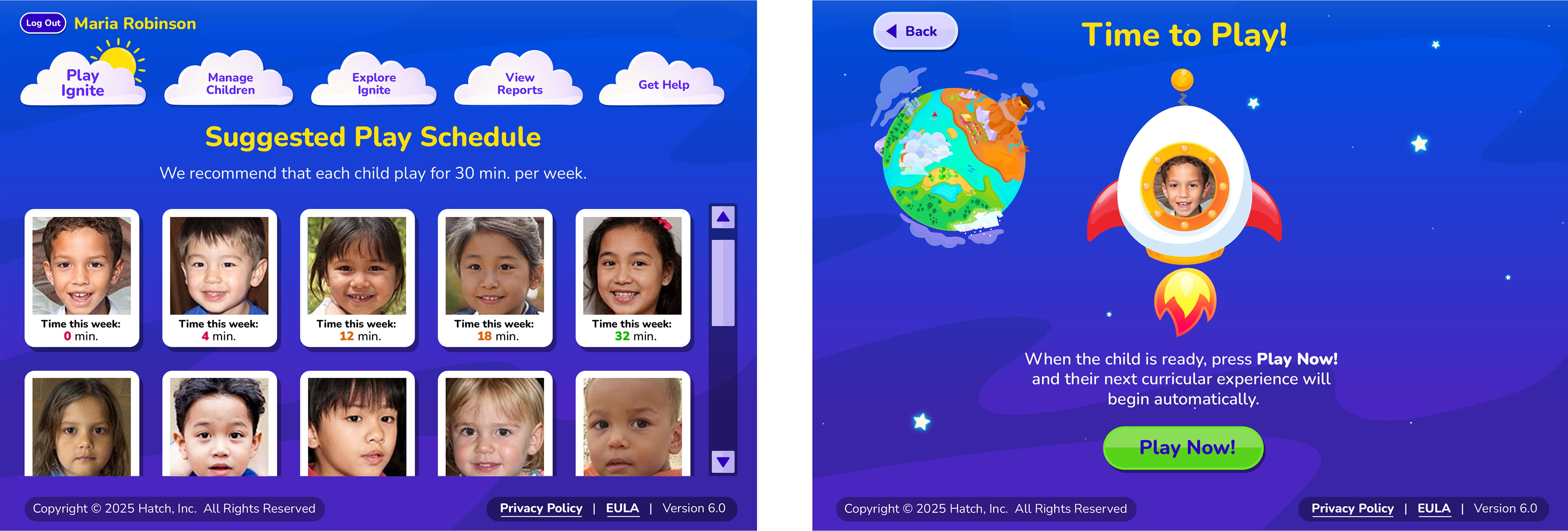 Left image shows teacher dashboard with a suggested play schedule of children; Right image shows child face in a rocket ship with instruction to press Play Now! to launch a curricular experience.