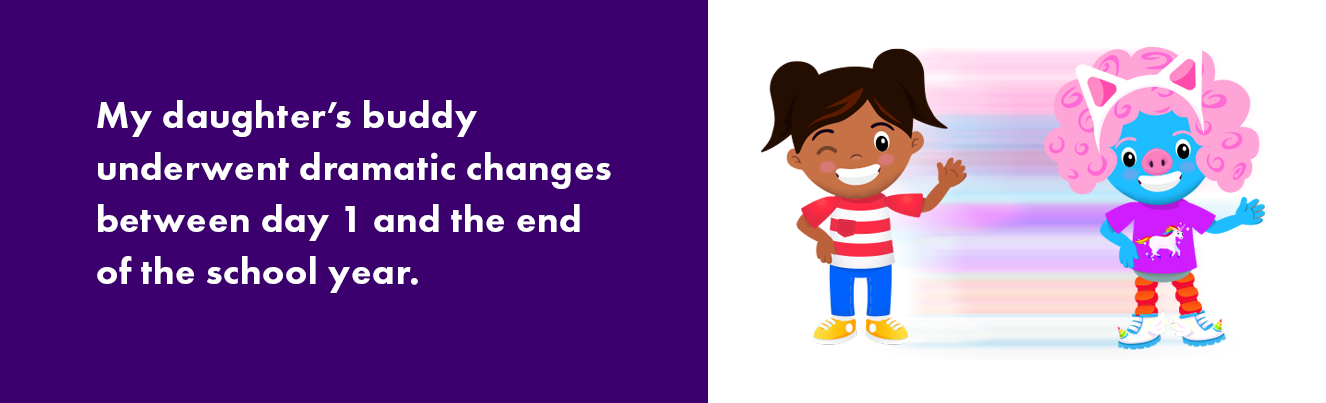 Text reads: "My daughter’s buddy  underwent dramatic changes between day 1 and  the end of the school year. " An illustration of a little girl with brown pigtails, blue jeans, and a striped shirt is shown next to the same girl but with blue skin, pink curly hair, cat ears, robot legs, and other customizations.