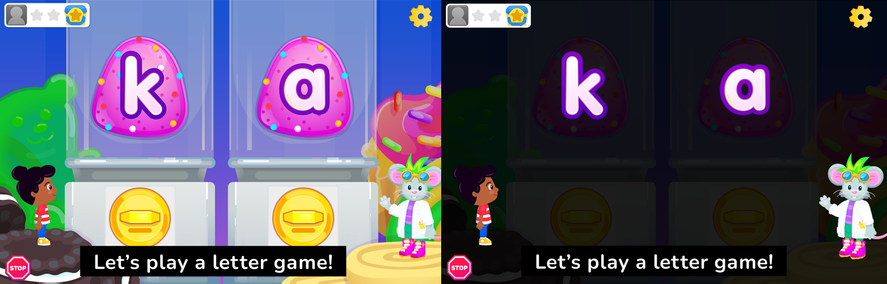 Image shows 2 versions of the same game screen. On the left is one with no overlay that looks vibrant but busy. On the right is a version with a dark overlay behind the important objects.