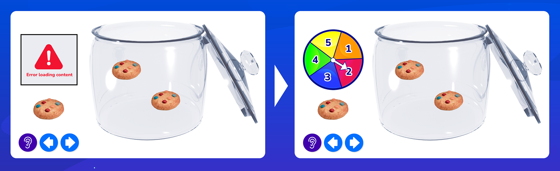 On the left a counting activity is shown an error reading "Error loading content." On the right the same image is shown but the error box is replaced with a colorful spinner object.