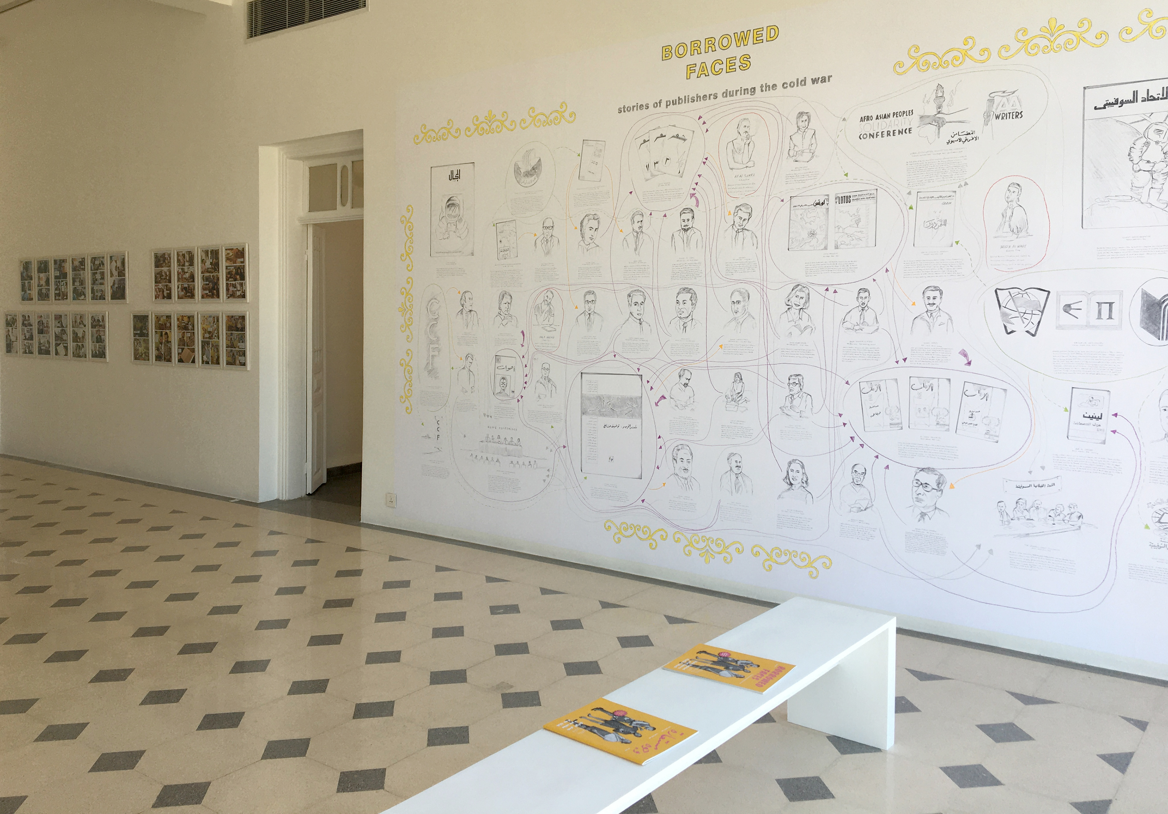 Installation view, Borrowed Faces: Protagonists, hand drawing printed on flat non-woben Wallpaper (269 x 424 cm), MMAG, Amman, Jordan, 2020