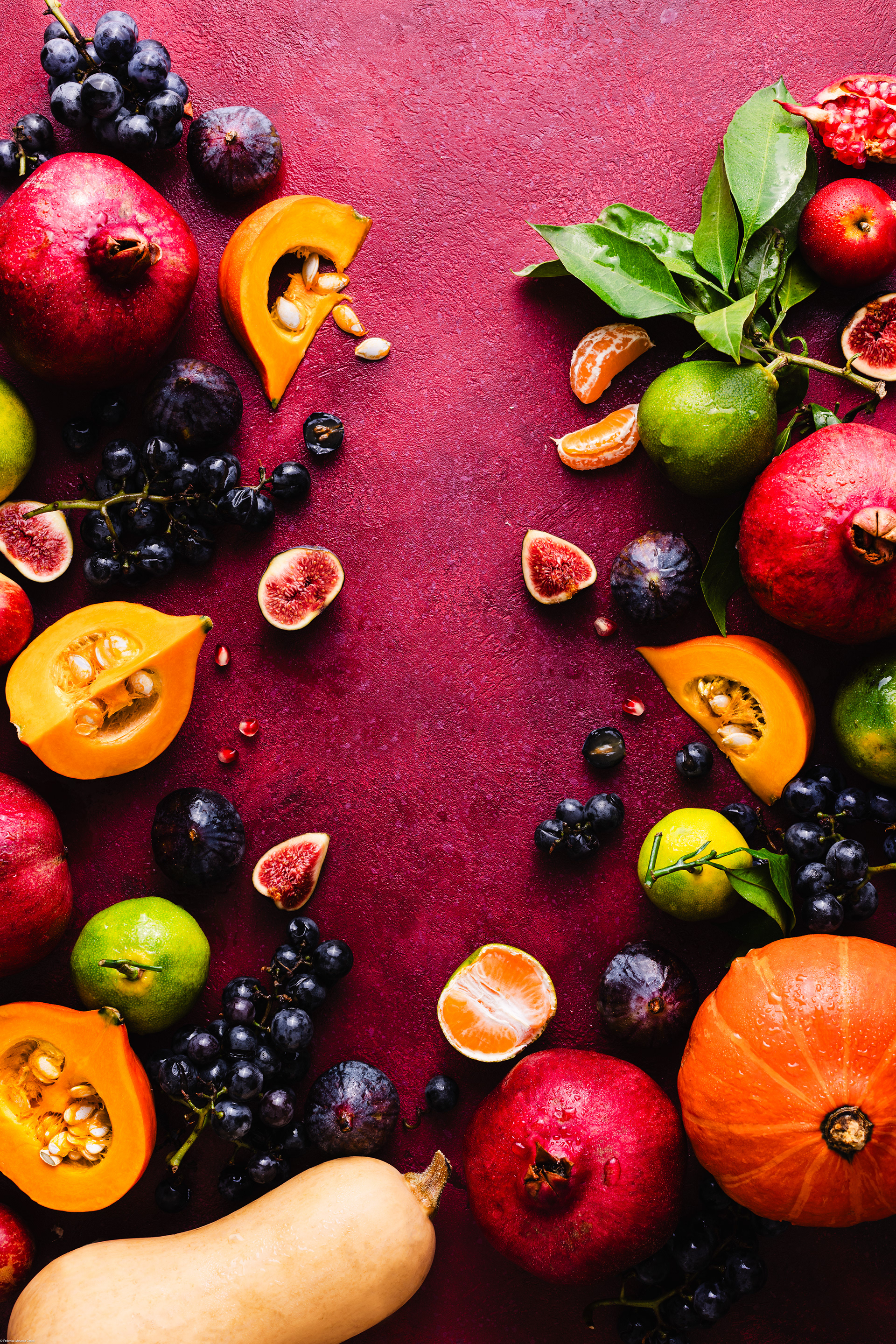 A food photography image of Autumn Vegetables and Fruits made by Federica Melania Orsini - a food photographer, food stylist in London.