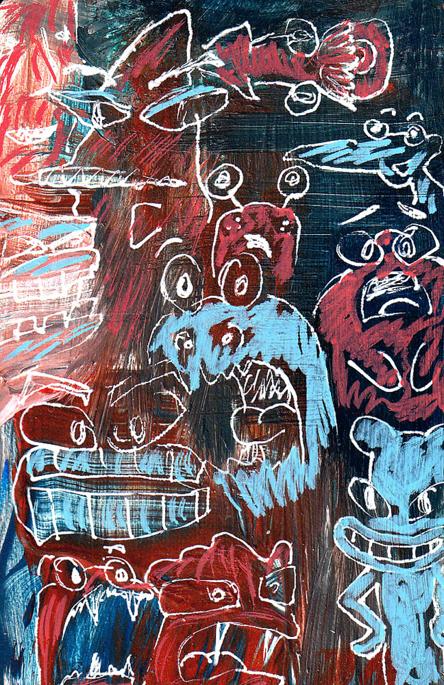 Acrylic, paint marker, and gel pen on gessoed playing card. 2021. 