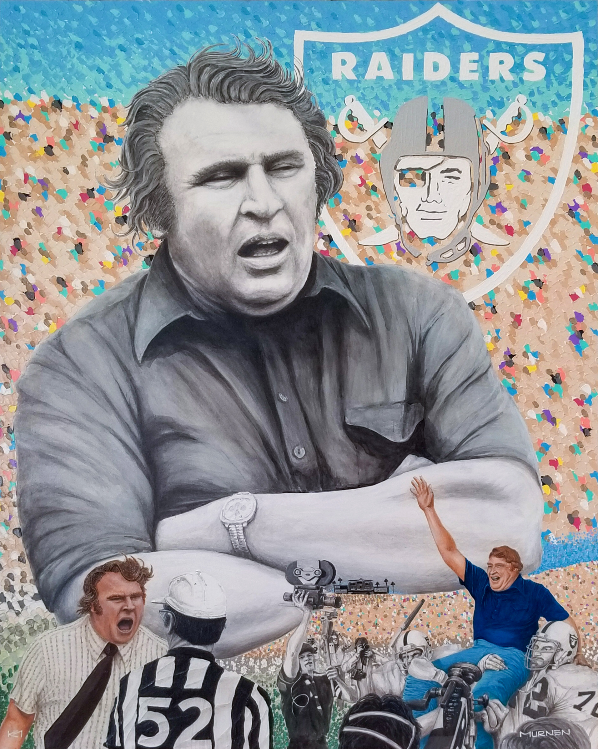 Commissioned artwork, acrylic painting of John Madden hanging in the Raiders Stadium
