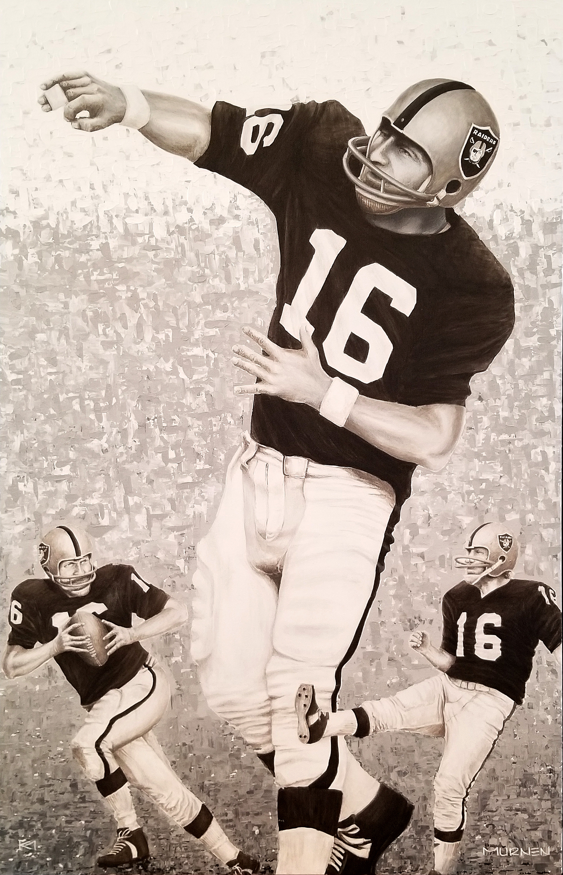 Commissioned artwork, acrylic painting of George Blanda of the Raiders, hanging in the Raiders Stadium