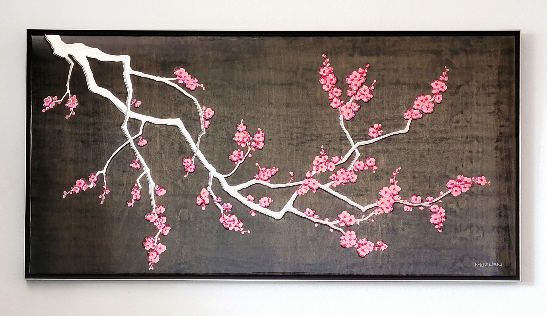 Sakura Hana Akari - Flower Lights, custom artwork, silver leaf, pink metal leaf, metal accents, gloss resin finish, black aluminum frame