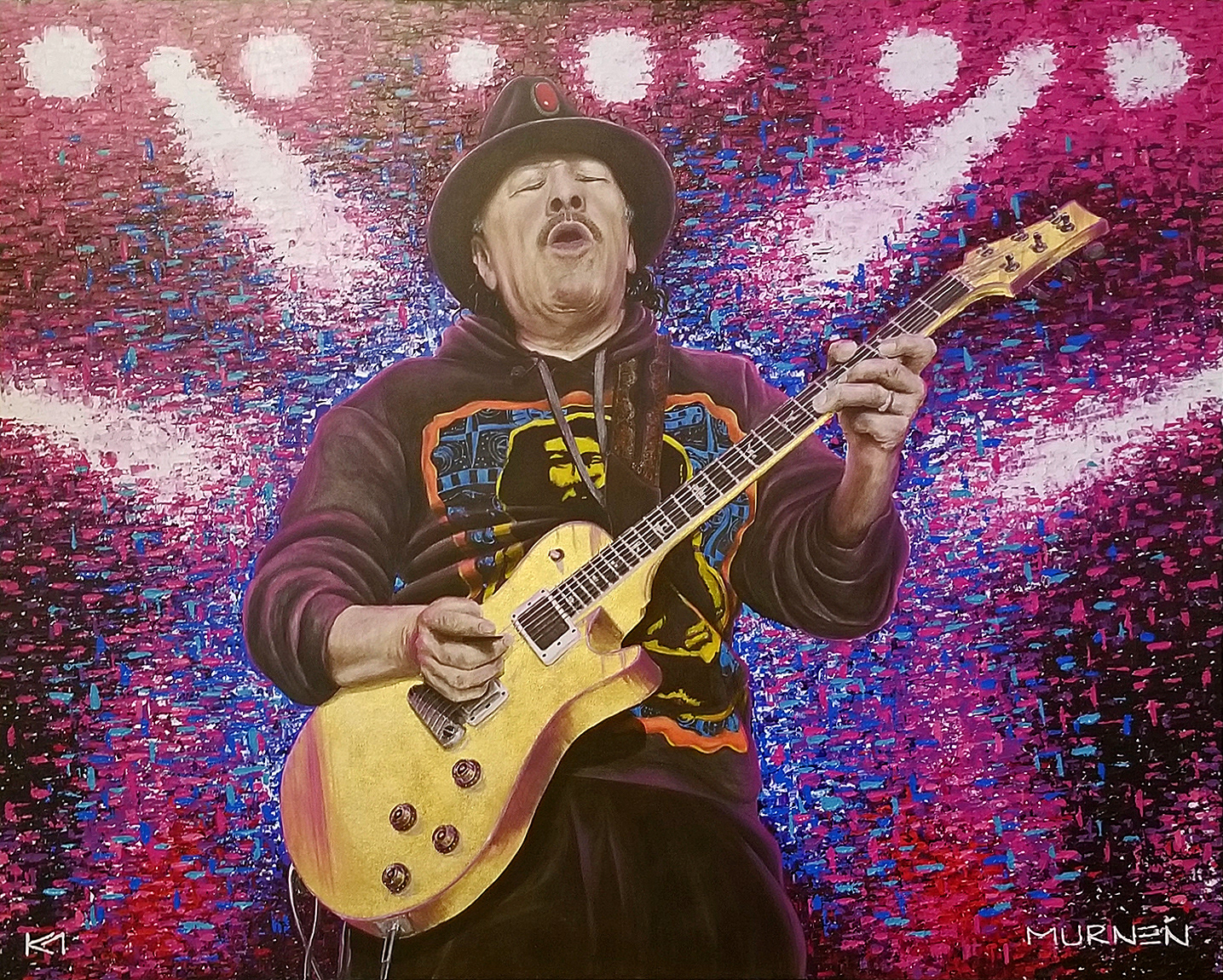 Commissioned artwork, acrylic painting of Carlos Santana hanging in the Raiders Stadium