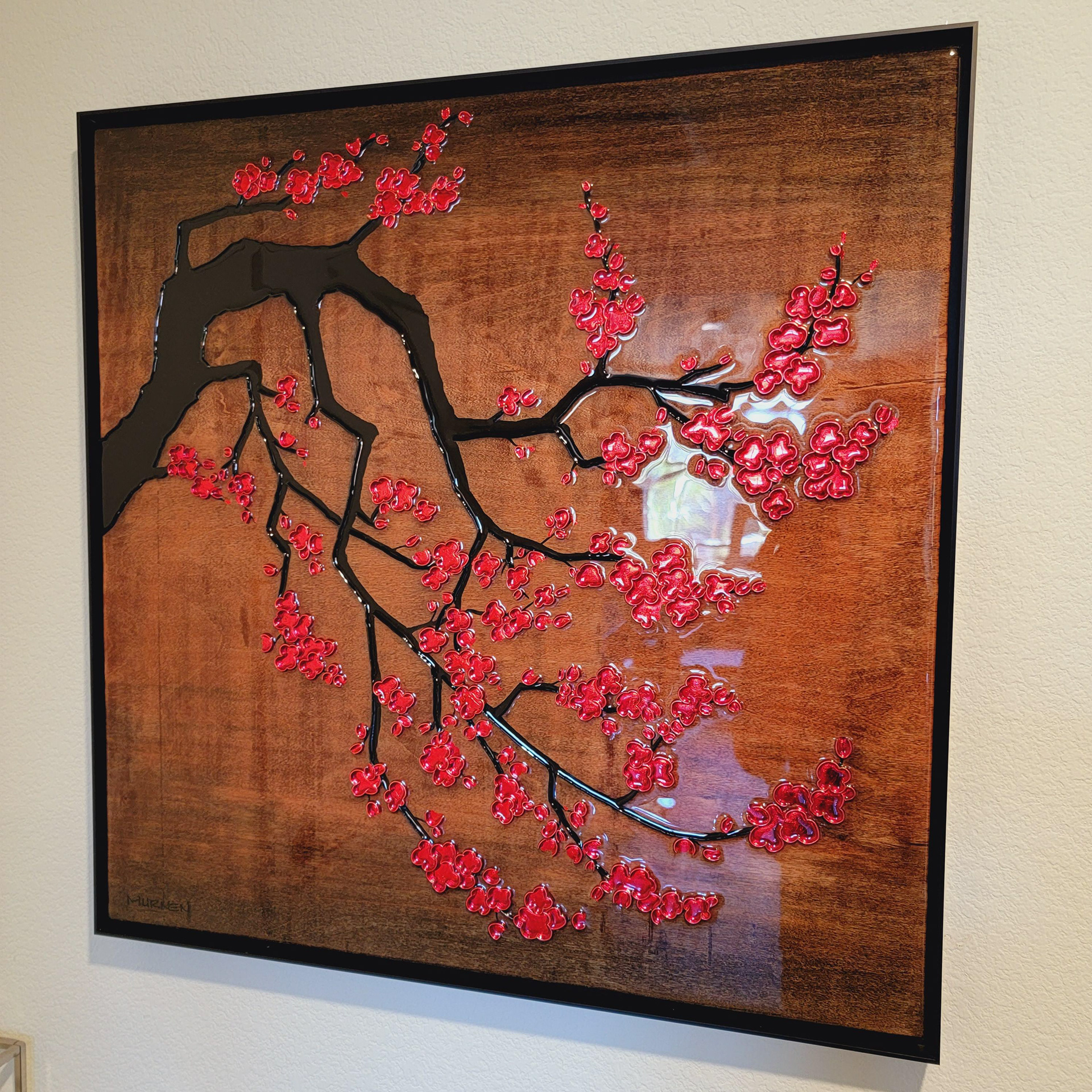 Sakura Hana Akari - Flower Light, Cherry Blossom in red metal leaf and accents, with black metal leaf and accents, on a custom stained wood backing with black metal frame
