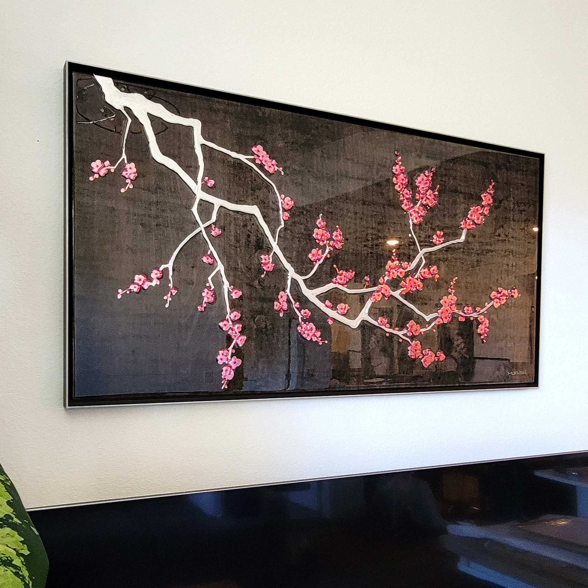 Close-up angle - Sakura Hana Akari - Flower Lights, custom artwork, silver leaf, pink metal leaf, metal accents, gloss resin finish, black aluminum frame
