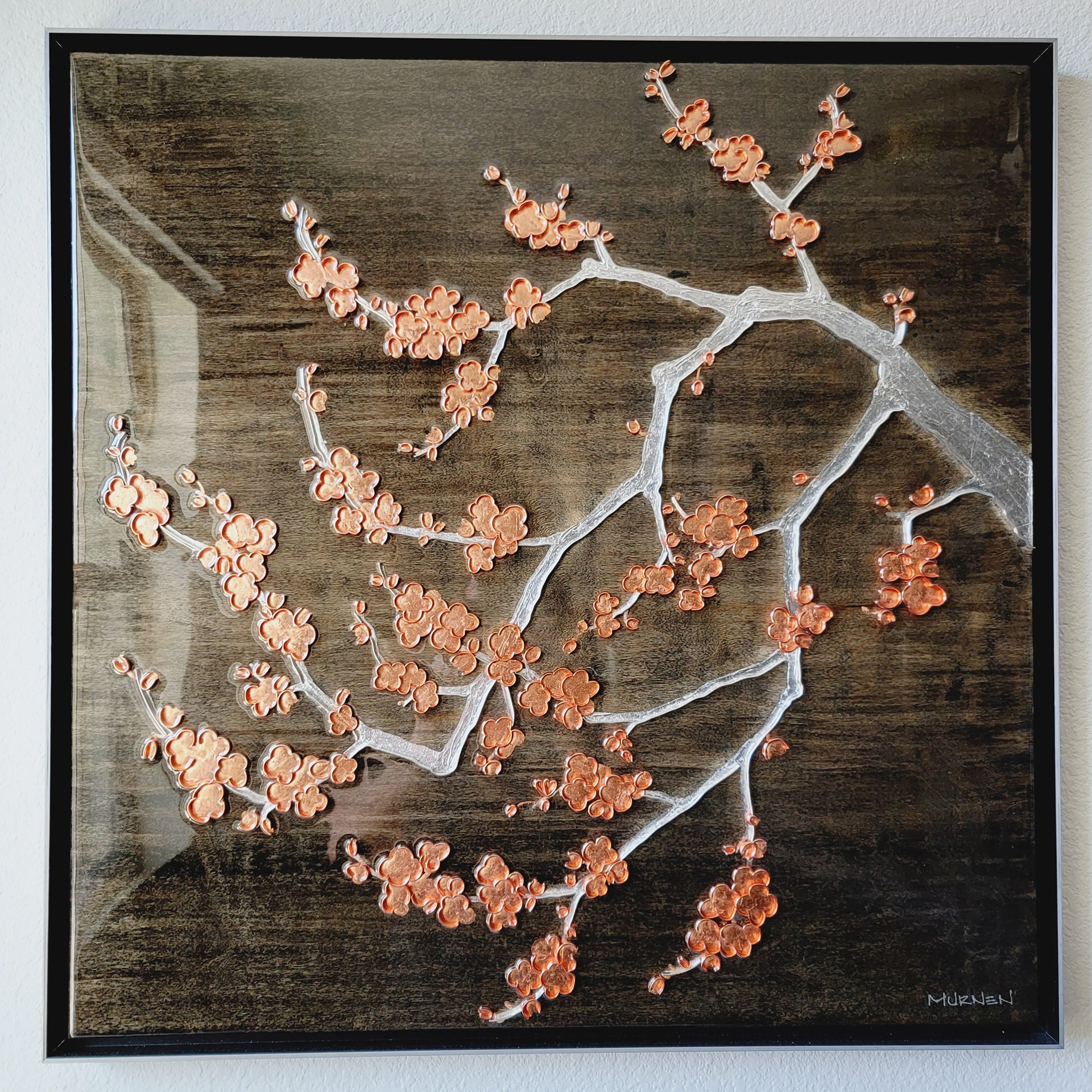 Sakura Hana Akari - Flower Light, Cherry Blossom in copper metal leaf and accents, with silver metal leaf and accents, on a custom stained wood backing with black metal frame