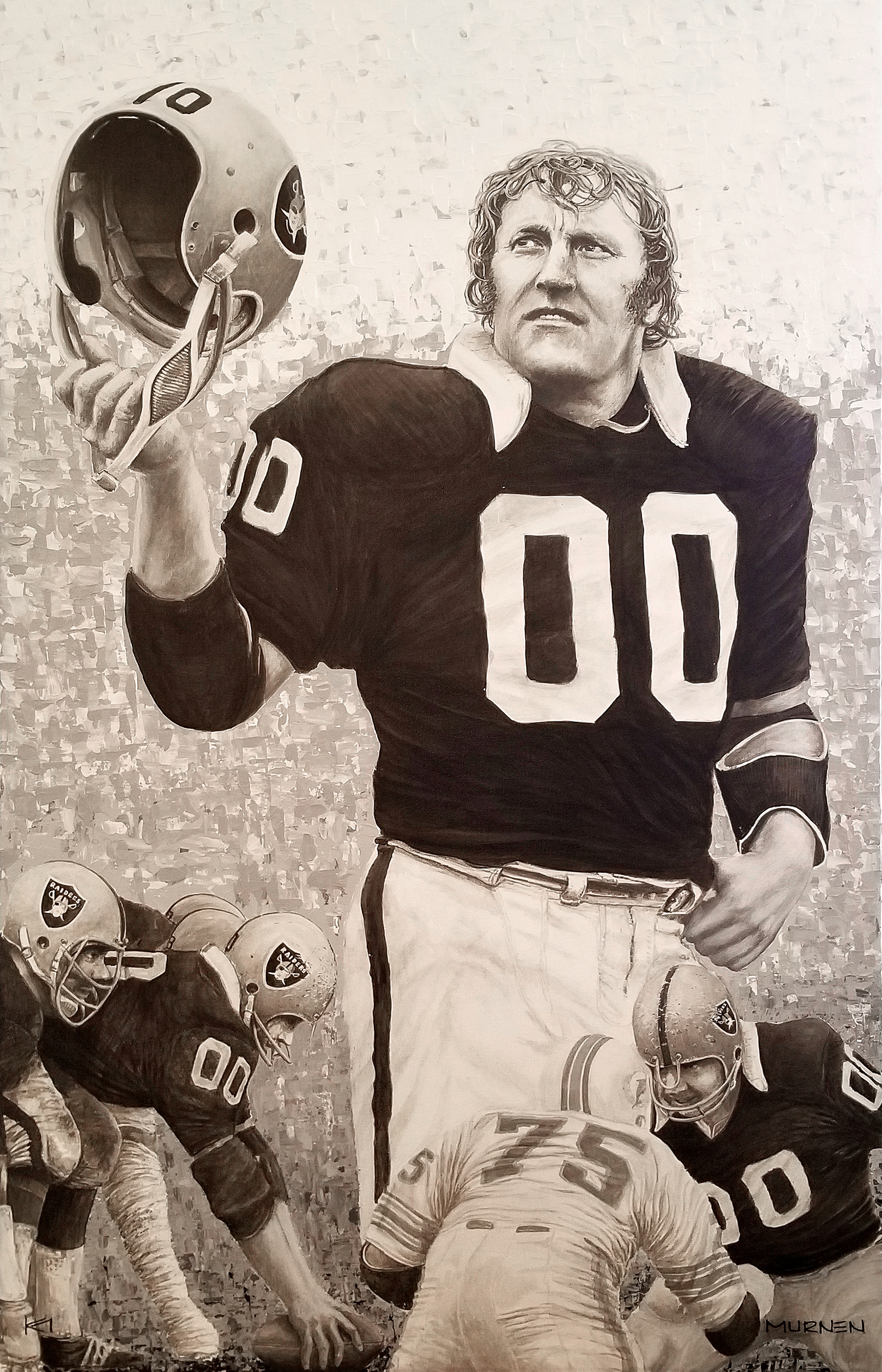 Commissioned artwork, acrylic painting of Jim Otto of the Raiders, hanging in the Raiders Stadium