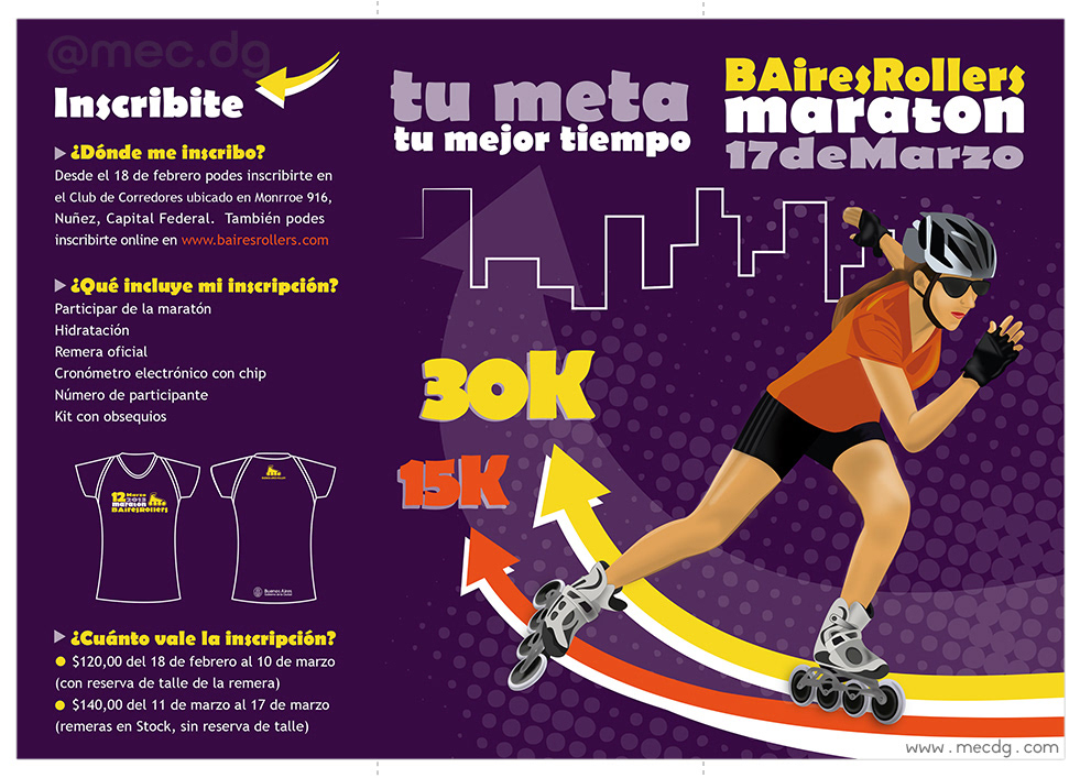 DISEÑO TRÍPTICO: ilustración de la patinadora - infografía y creación del circuito - iconografía