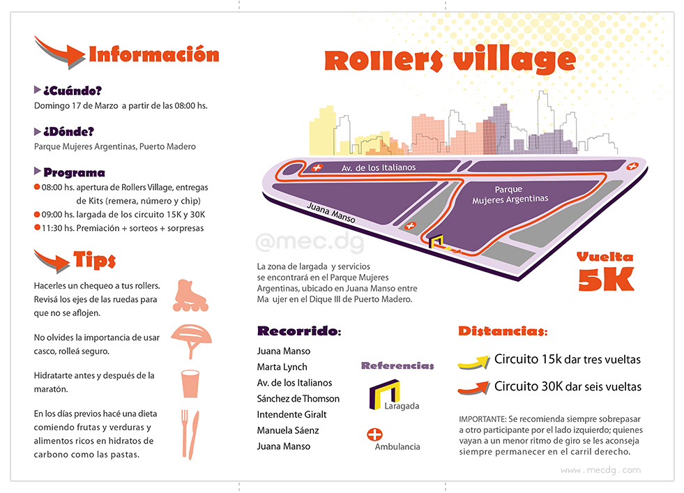 DISEÑO TRÍPTICO: ilustración de la patinadora - infografía y creación del circuito - iconografía
