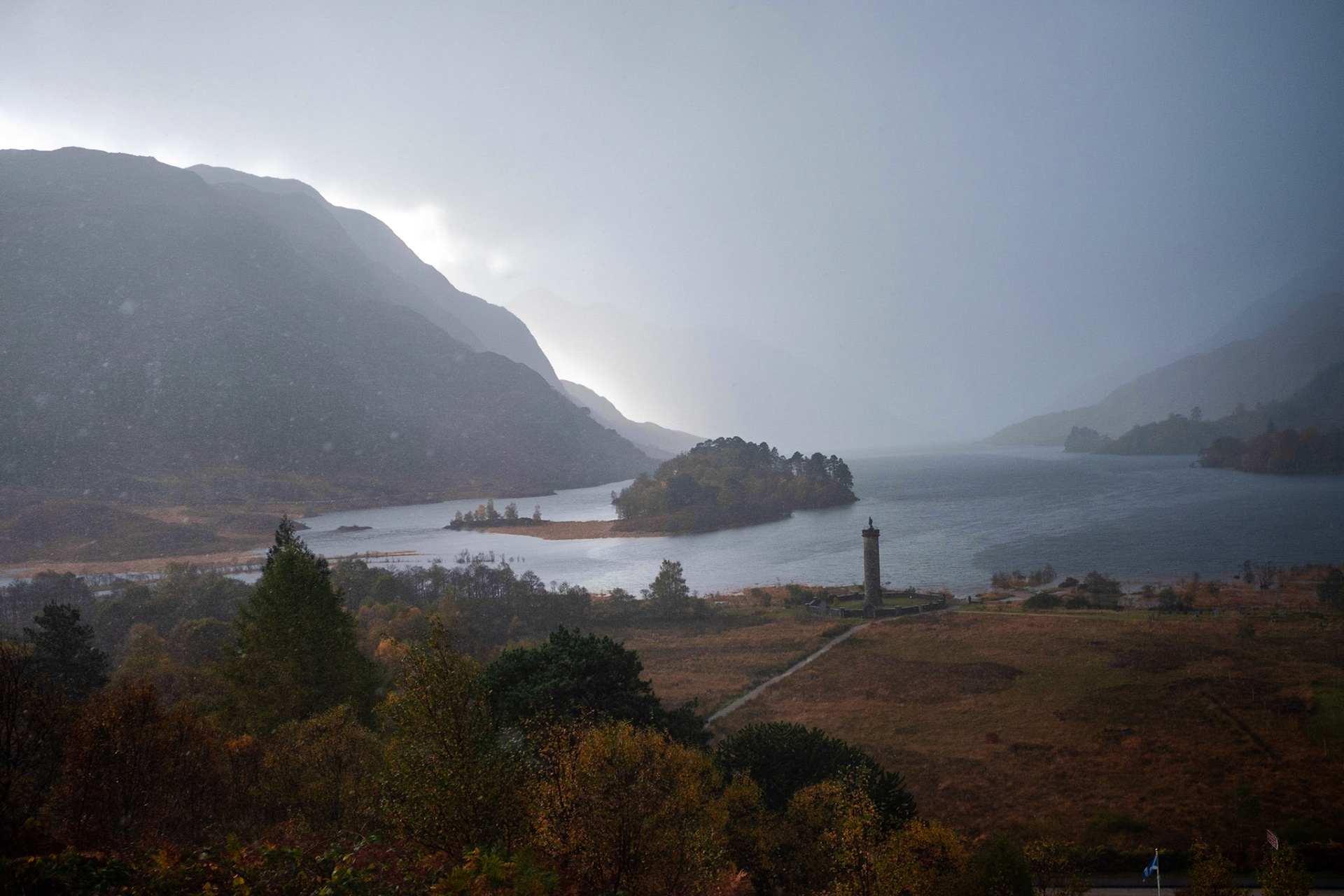We wondered about stopping for a walk in Glencoe but I had set my heart on a walk up to the view above Loch Beoraid so we carried on. We stopped at the Glenfinnan monument for a picnic in the sunshine but the rain started again as soon as we got to the viewpoint over Loch Shiel. For photographic critics, the edge around the hiils isn't a result of over-sharpening, that's really how it was.