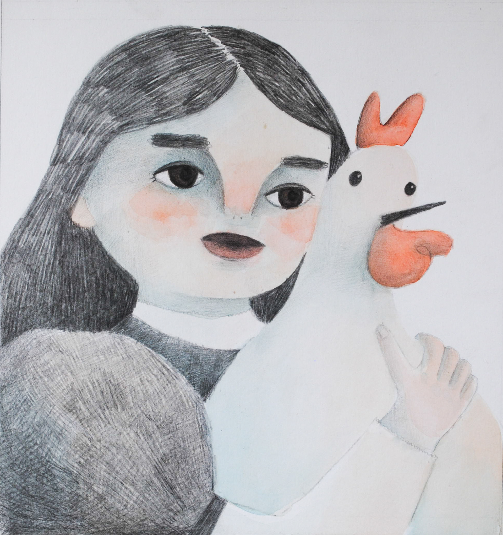 Emilia, habitar la ausencia. Fini Raggio. Se trata de una ilustración tradicional realizada con acuarelas y lápices de gráfito. En ella se ve a una niña que abraza a una gallina.