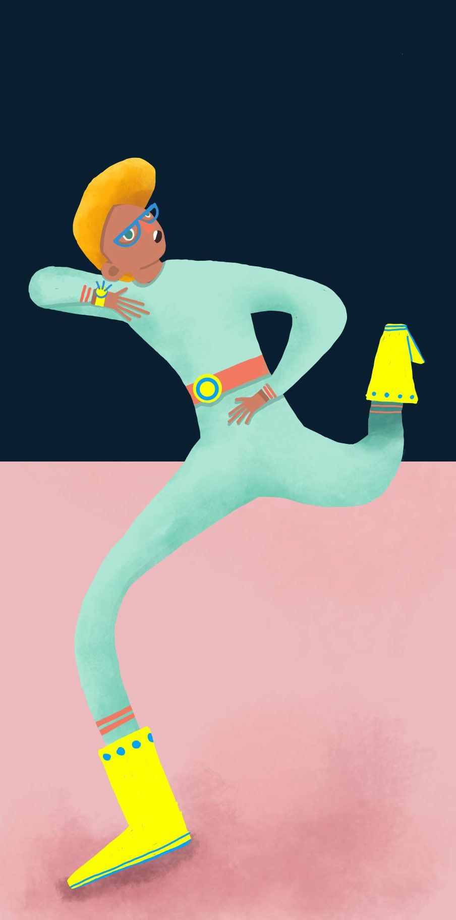 Juan Espacial, Fini Raggio. Ilustración digital realizada con Photoshop. En ella se ve a un niño de piel morena y cabello rubio, que escucha un mensaje a través del reloj intercomunicador que lleva en la muñeca. Esta vestido con un traje espacial ajustado de fibras sintéticas color verde celeste.. Lleva anteojos azules y un cinturón rojo. Esta parado sobre un tablero de ajedrez azul marino y rosa. En el fondo se puede ver el espacio exterior.