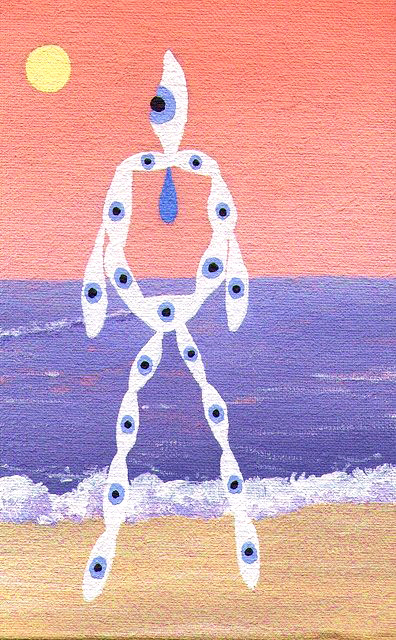 Eye Man on Sunset Beach - 2021, acrylic paint, 9 x 14cm
