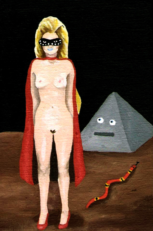 Super Lady with Snake Creature and Pyramid Face - 2012, acrylic paint, 9 x 14cm