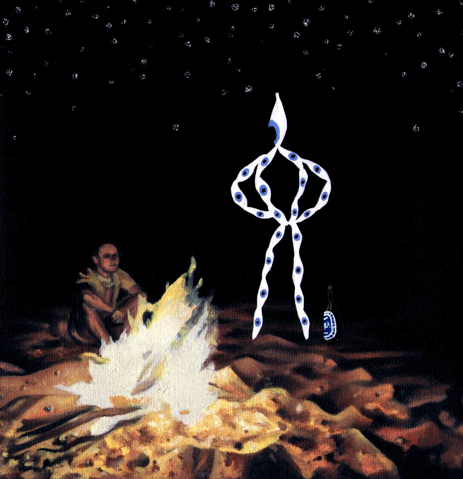 Camp Fire with Eye Man - 2012, oil, acrylic and glitter on canvas, 20 x 20cm