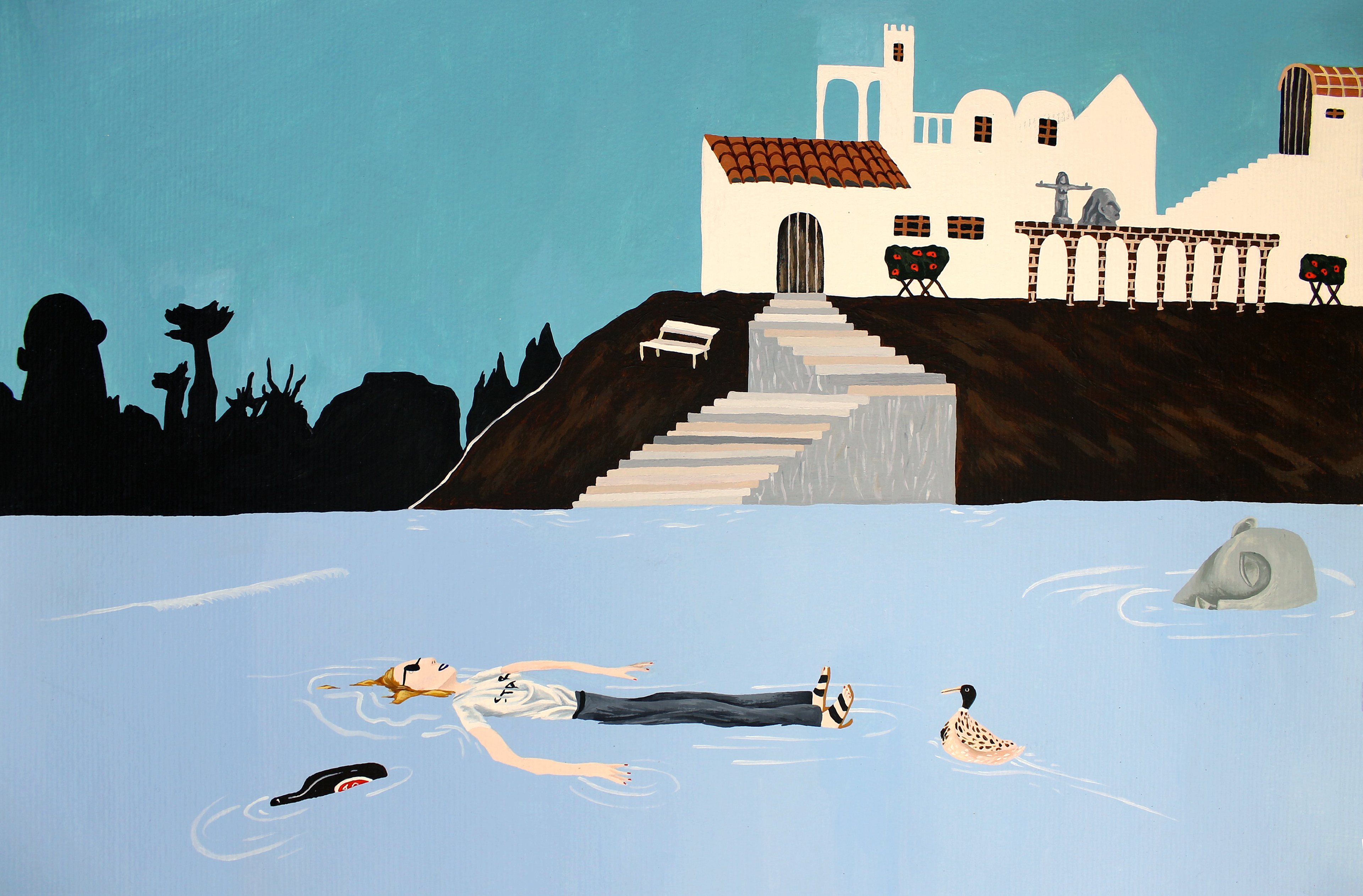 Chillaxing in a Lake With a Duck - 2013, acrylic on paper, 30 x 40cm