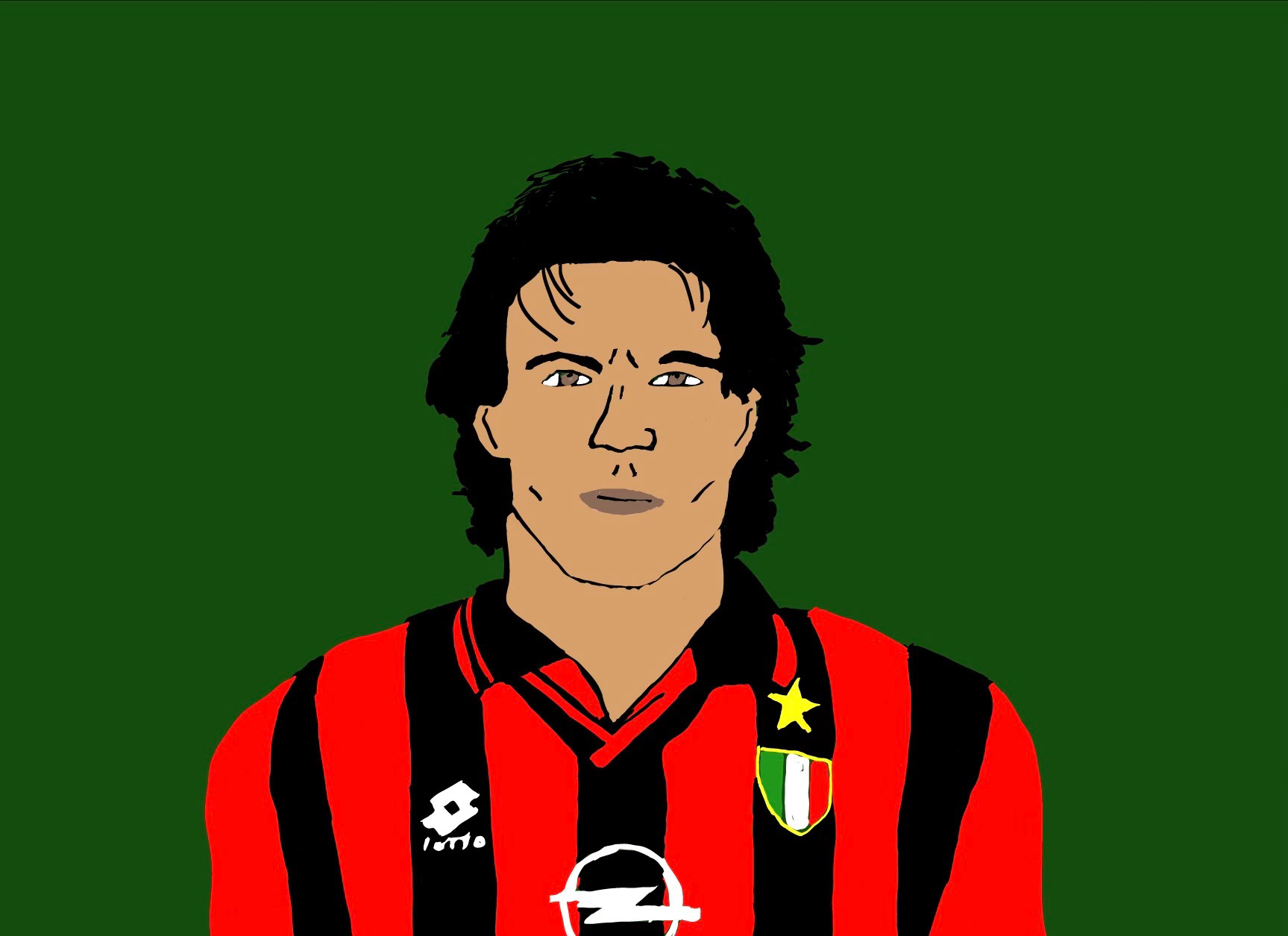 "An iconic illustration inspired by a famous image of legendary defender Paolo Maldini, capturing the prime years of Italian football in the late '90s. This artwork, meticulously crafted in Illustrator, pays tribute to the skill and elegance of an era-defining football icon."