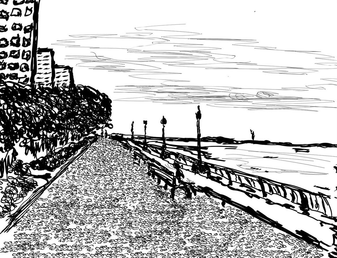 This sketch captures a moment in Battery Park, New York, focusing on perspective and spatial depth. Created in Adobe Illustrator, the design uses clean, minimal lines to emphasize the structure and feeling of the scene. The composition invites viewers into a quiet urban moment, reflecting the dynamic yet serene atmosphere of the park.