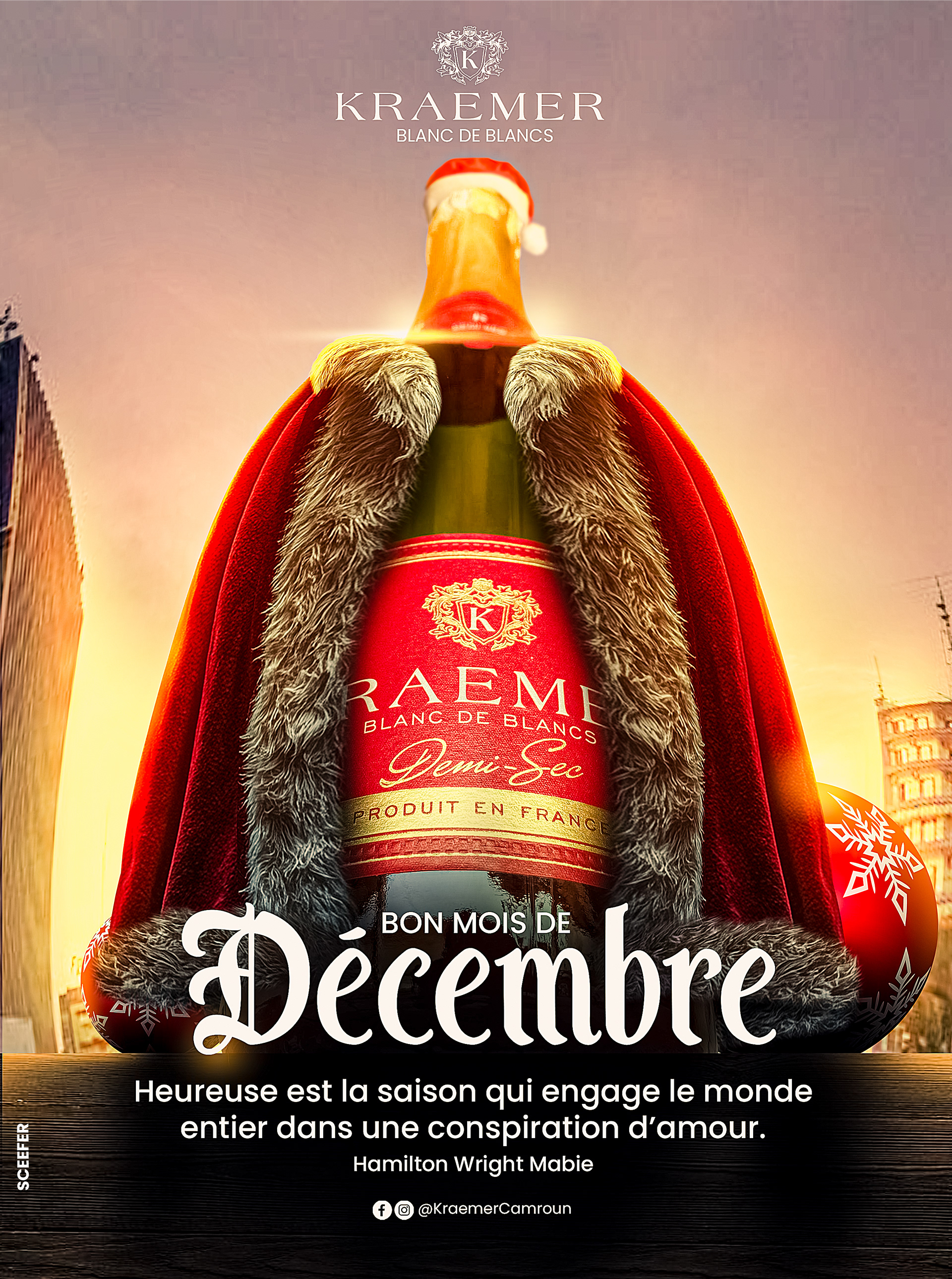Visuel pour les Fêtes de fin d'année 2024. Ce visuel a été réalisé pour la marque de champagne Camerounais KRAEMER