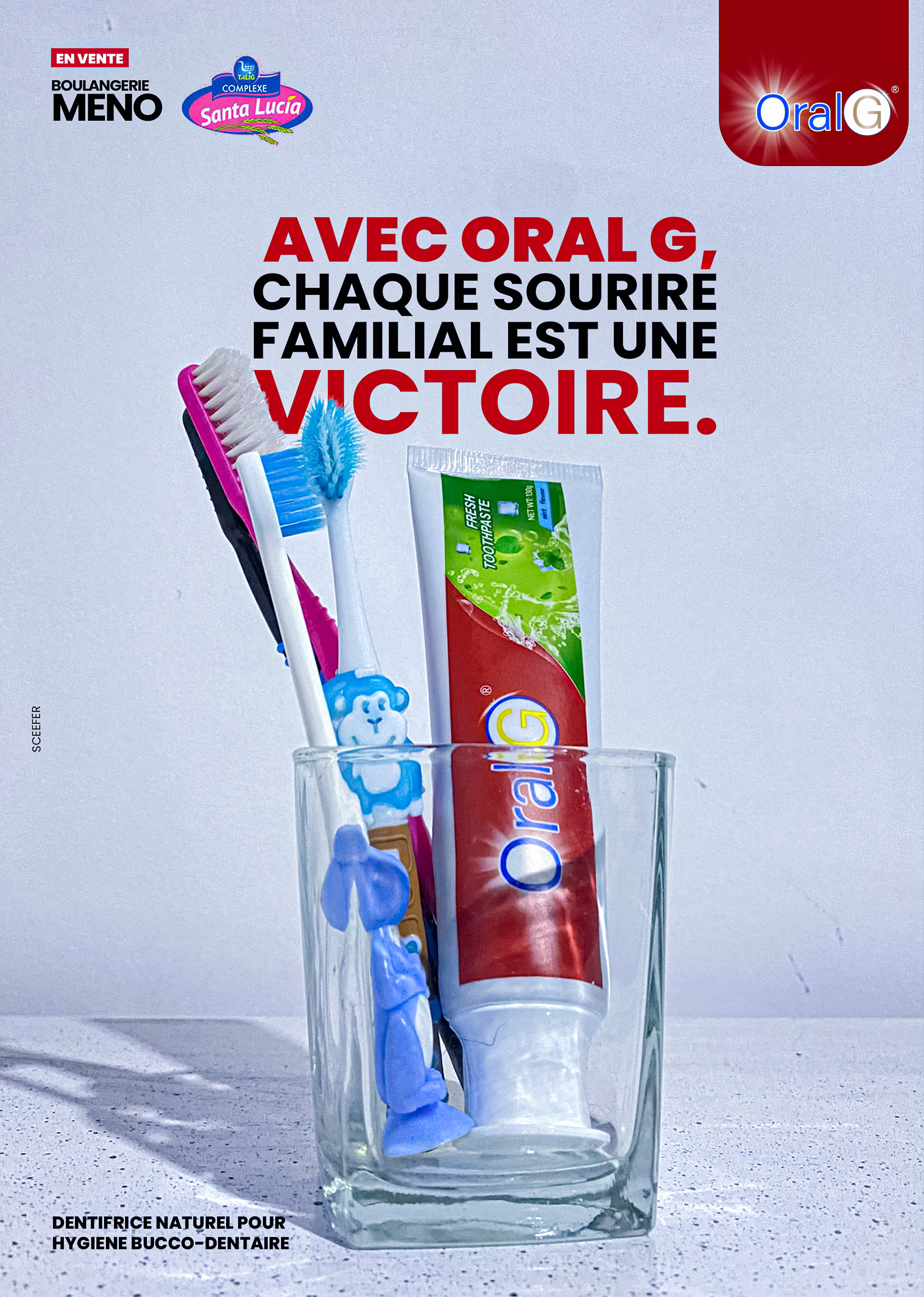 Visuel for ORAL G, marque de dentifrice camerounaise.